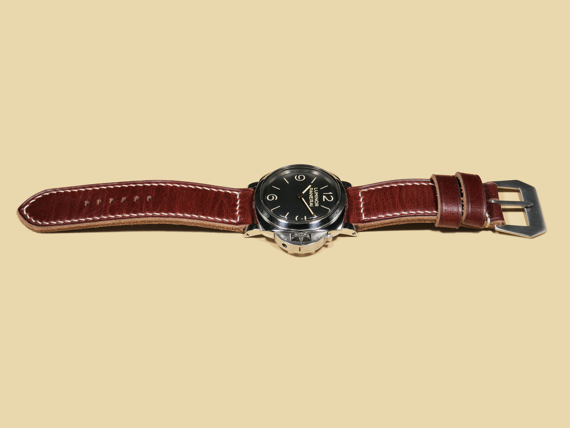 Cherry Red Panerai Strap from Marcello Straps with brushed buckle