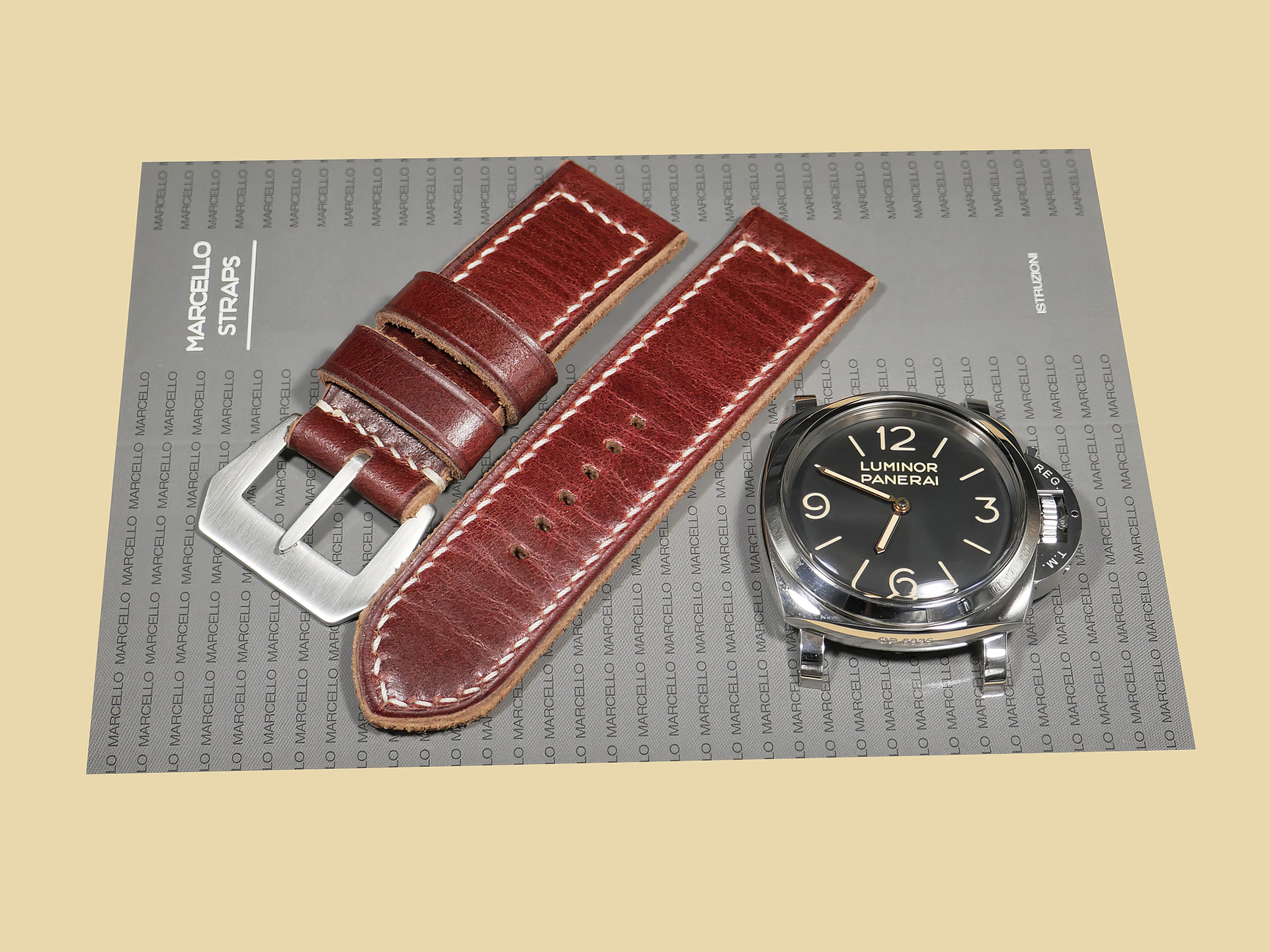 Custom Cherry Red Panerai Strap from Marcello Straps with polished buckle