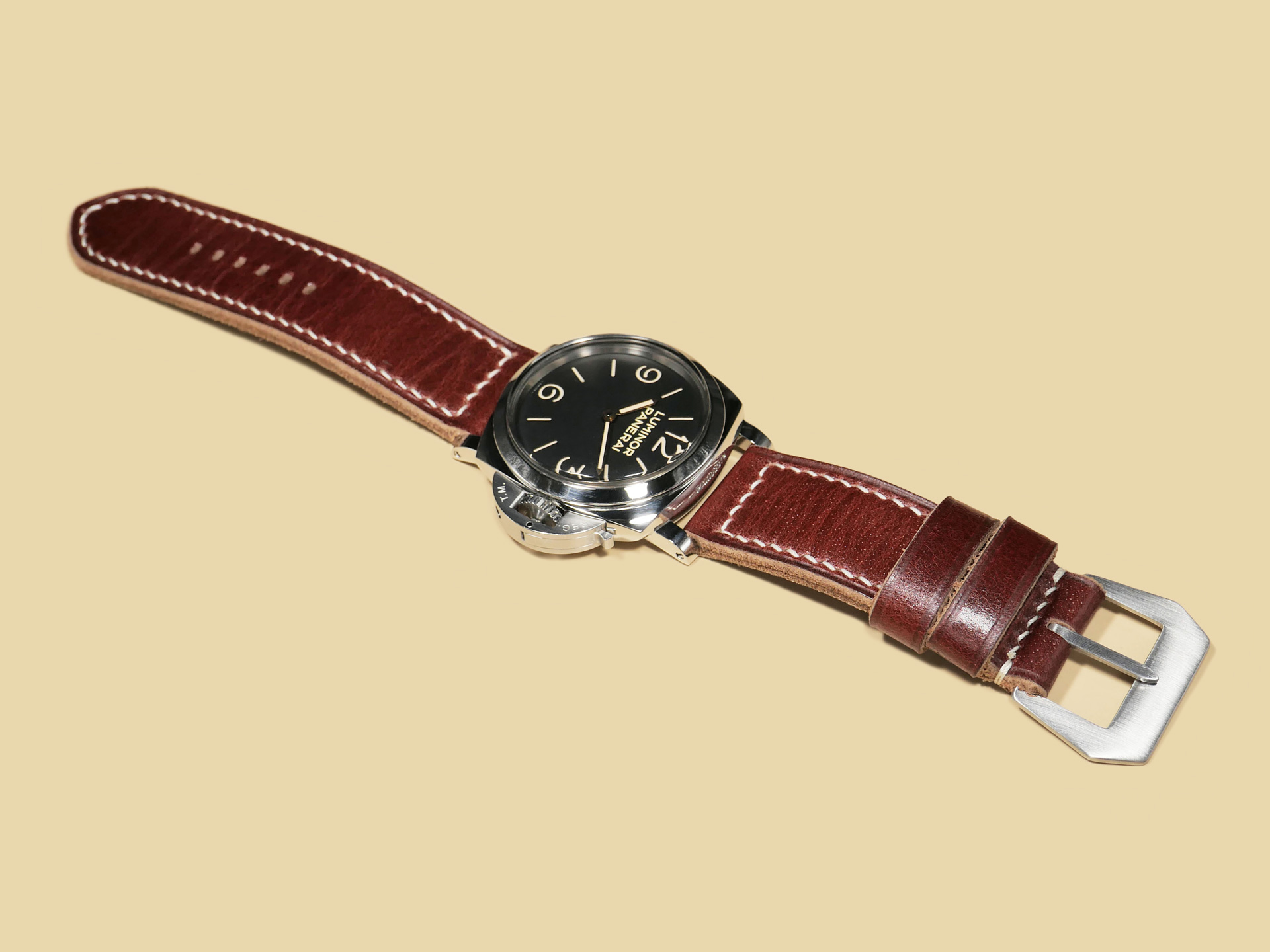 Cherry Red Panerai Strap from Marcello Straps with hand-sewn stitching