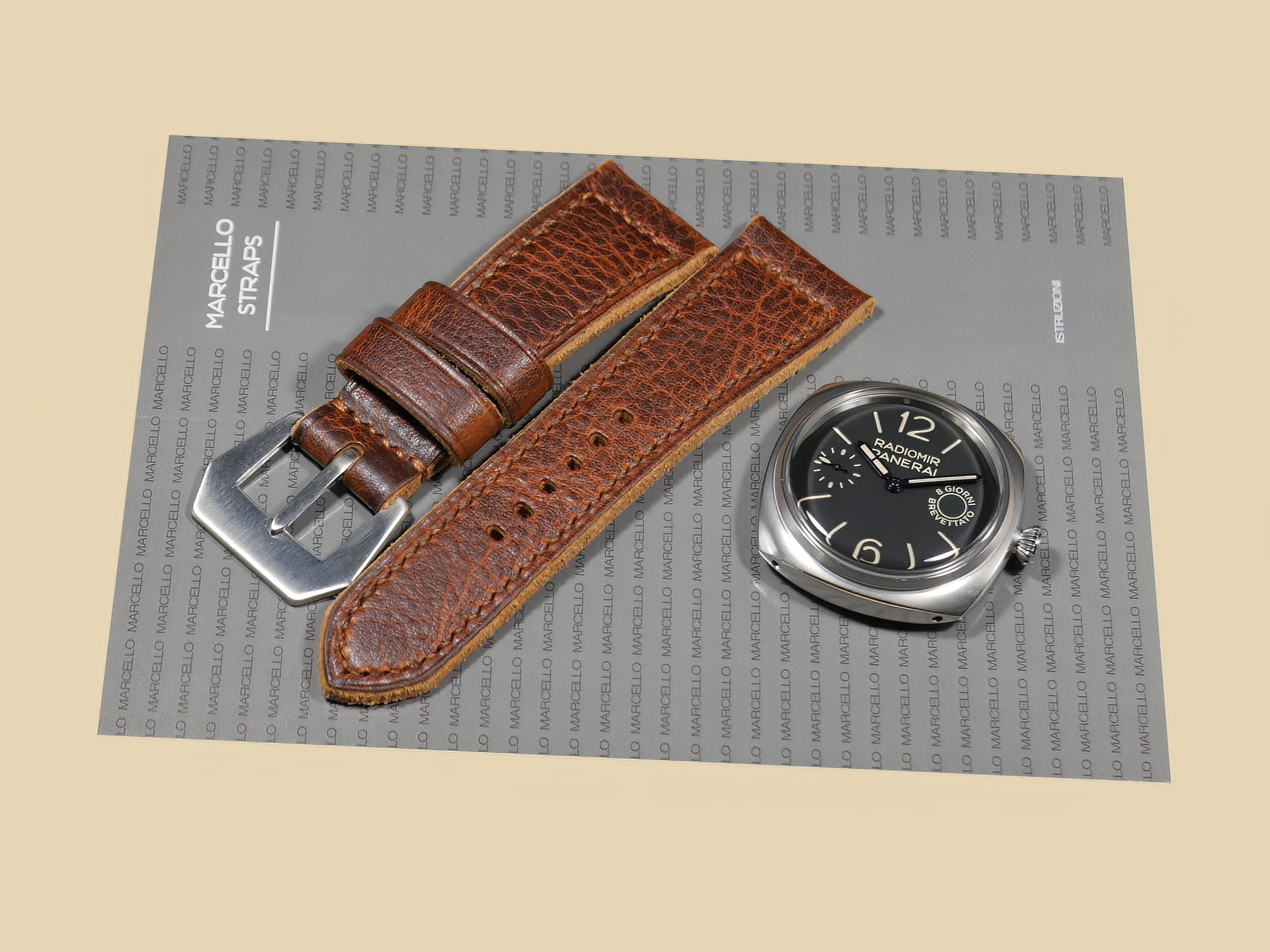 Close-up of stitching on thick Panerai Radiomir strap for PAM00992