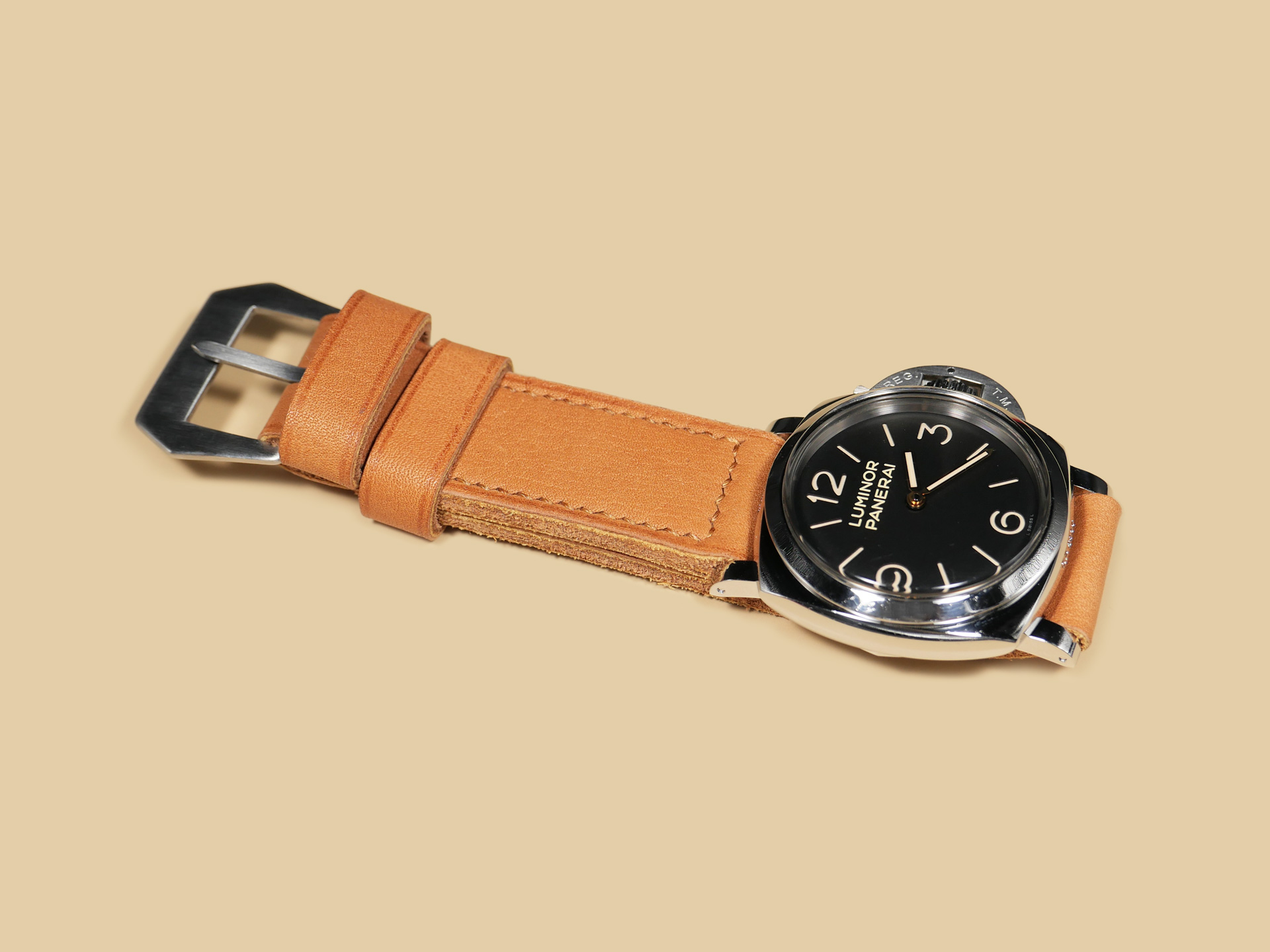 Close-up of the stitching on a Thick Orange Panerai strap for 47mm Panerai watches