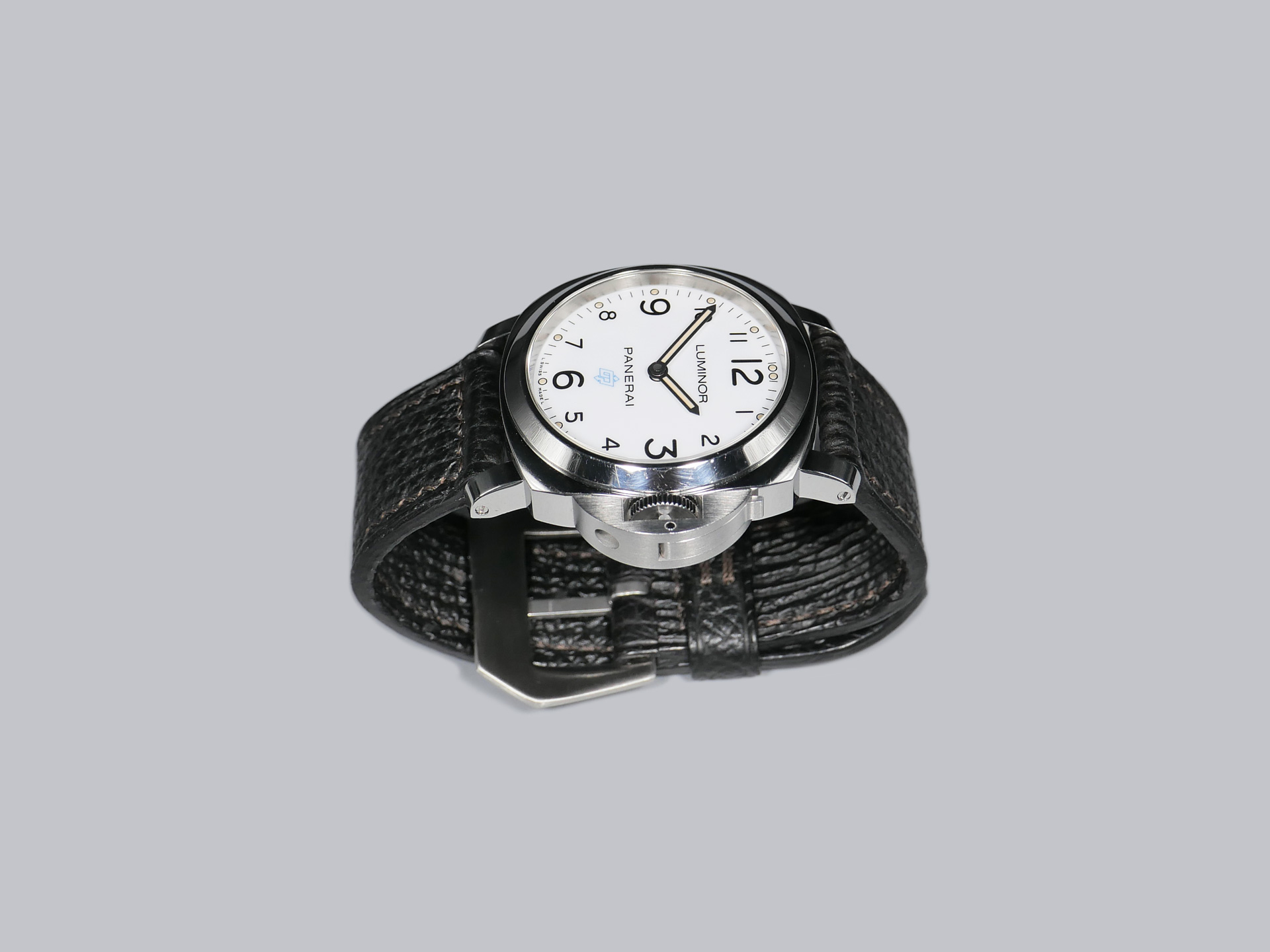 Premium aftermarket Panerai strap in black shark leather.