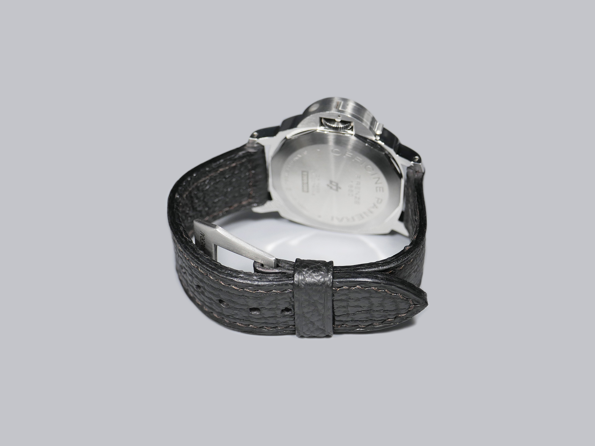 44mm Panerai watch fitted with a black shark leather strap.