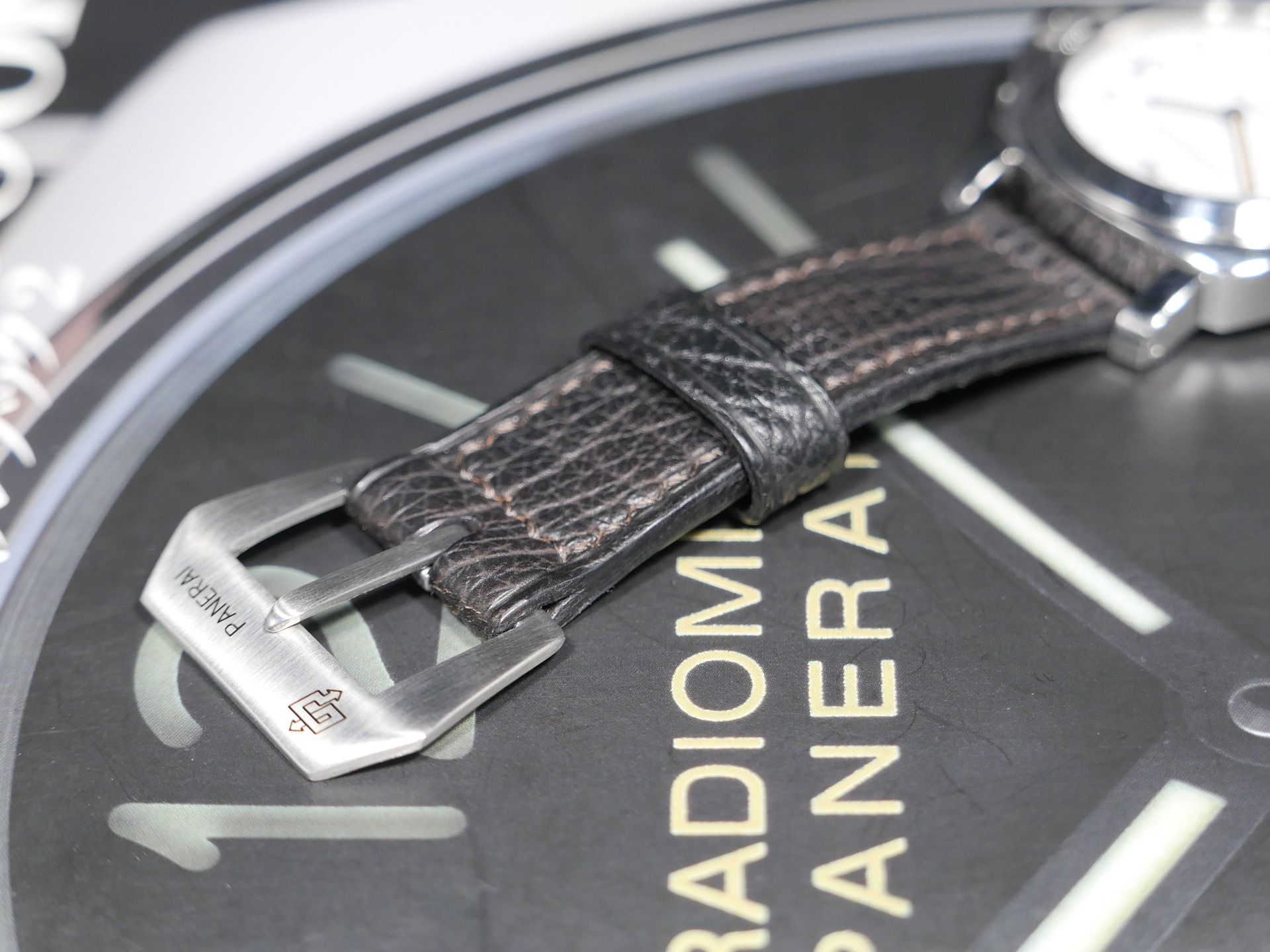 Panerai Luminor with a thick black shark leather strap.