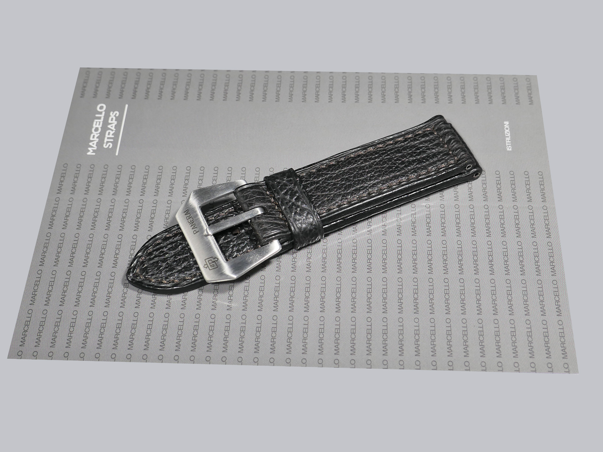 Side view of a Panerai shark leather strap on a 44mm case.