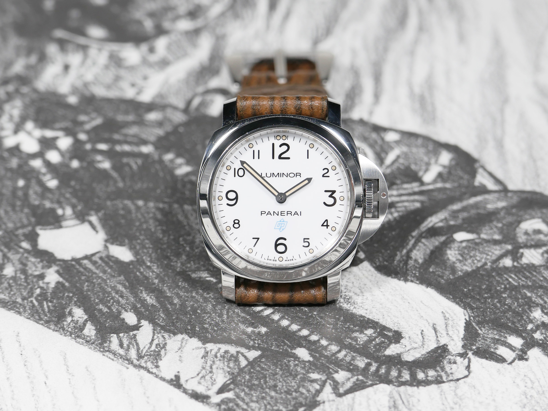 Soft Brown Panerai Shark Strap on display stand