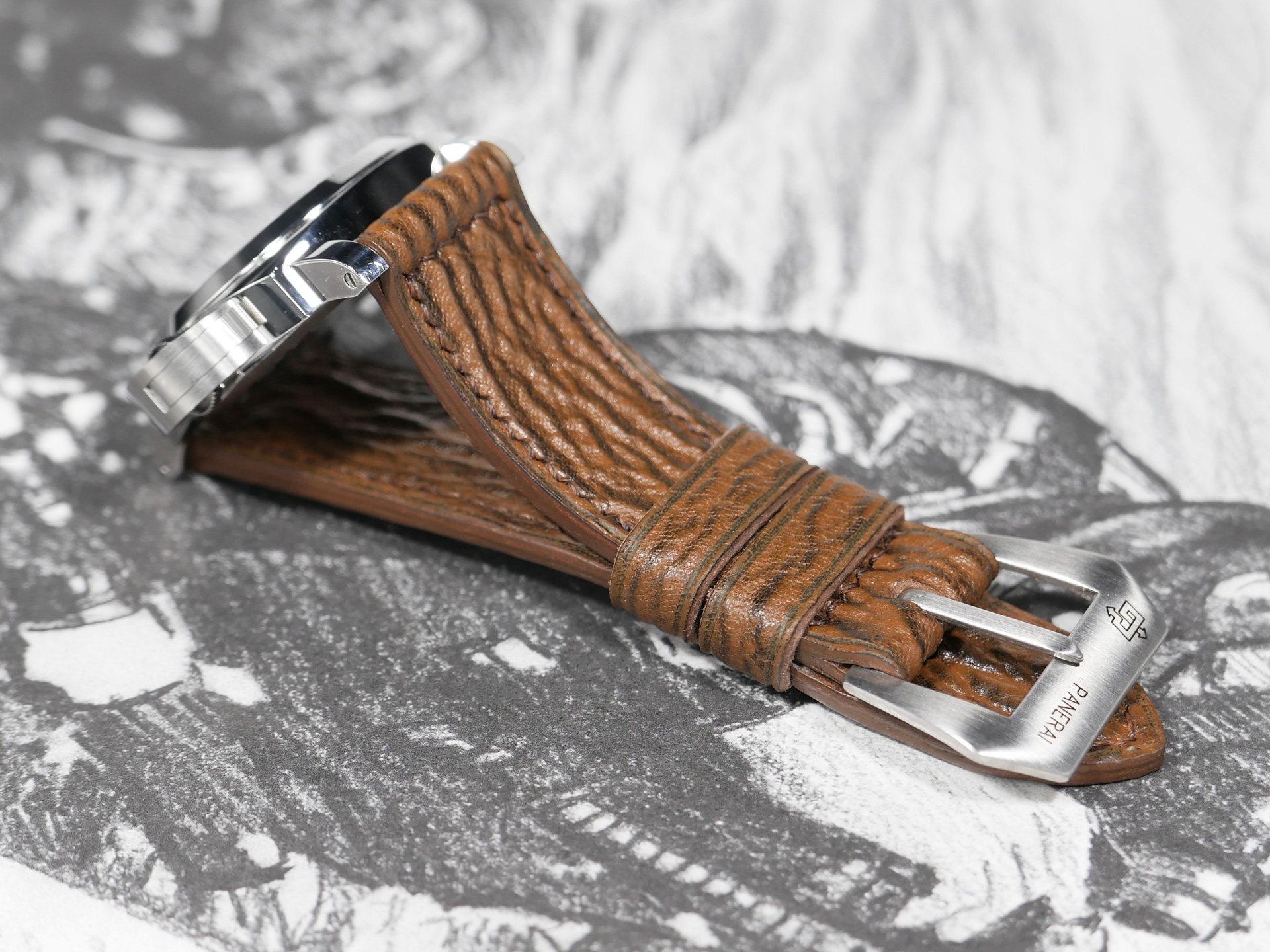 Outdoor shot of Brown Panerai Shark Strap watch