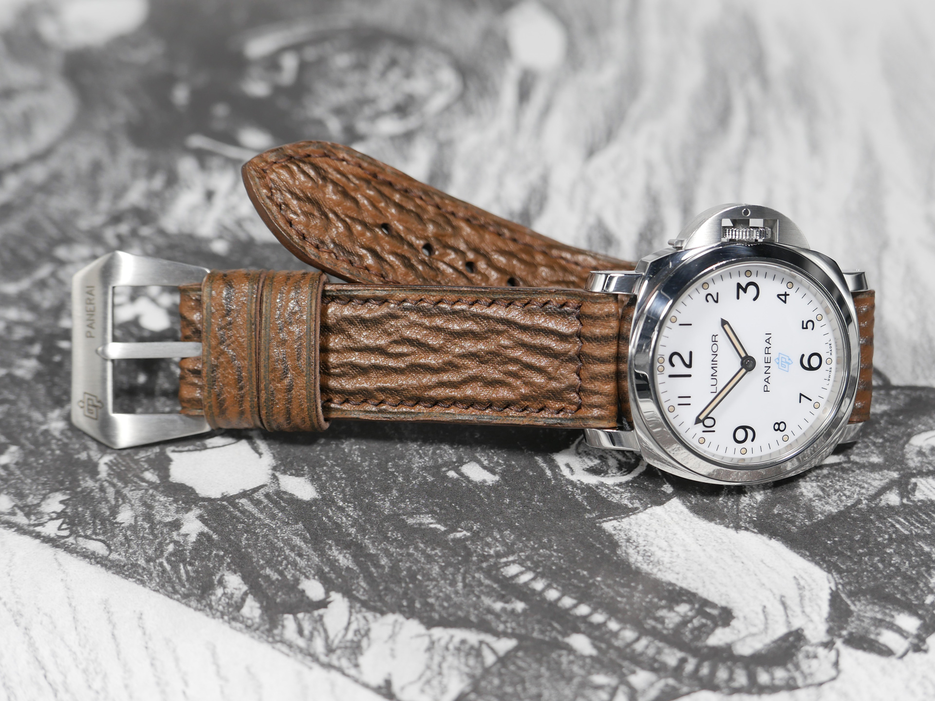 Polished Panerai watch with Brown Panerai Shark Strap