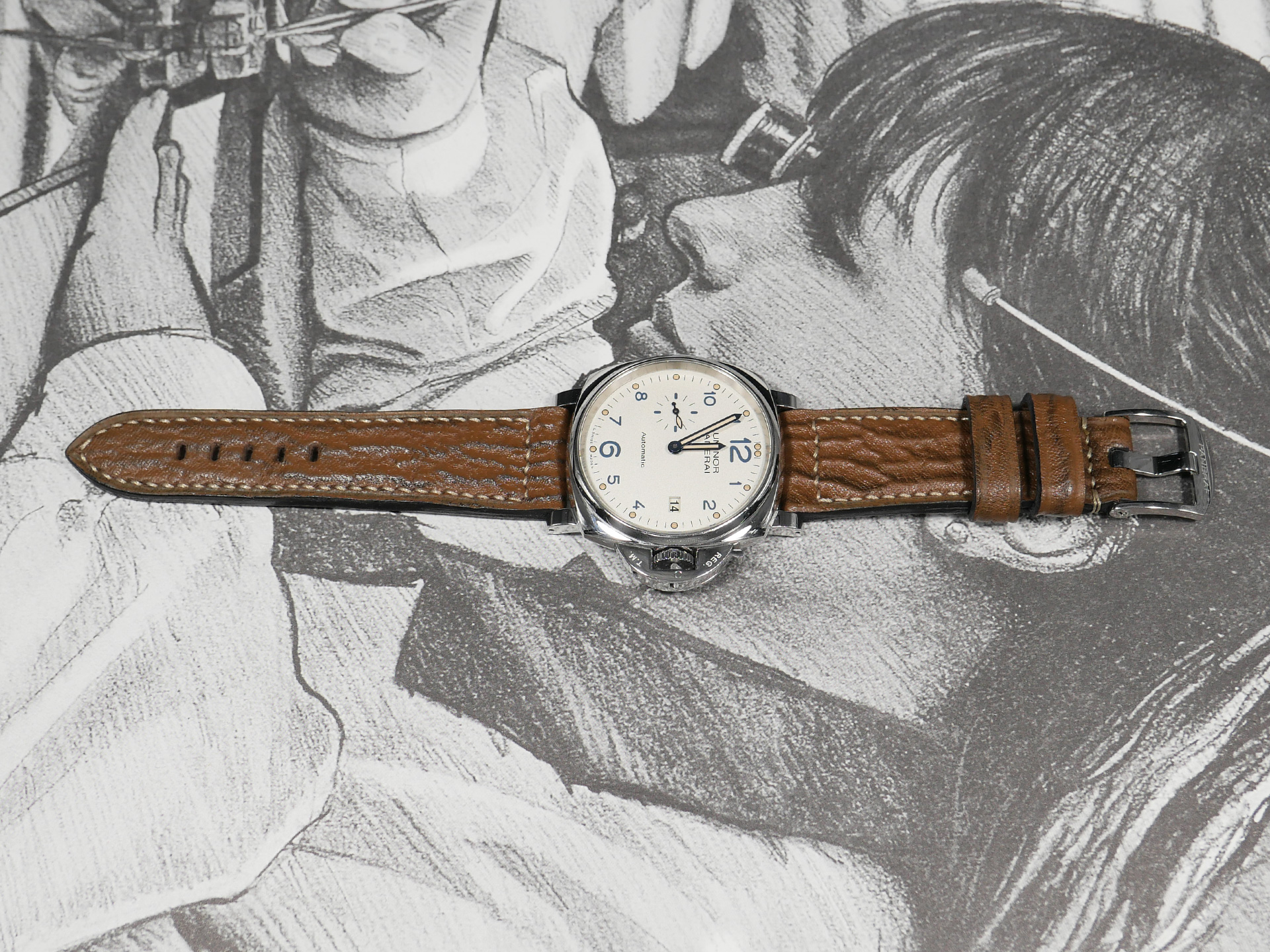 Panerai DUE featuring stitched brown shark strap