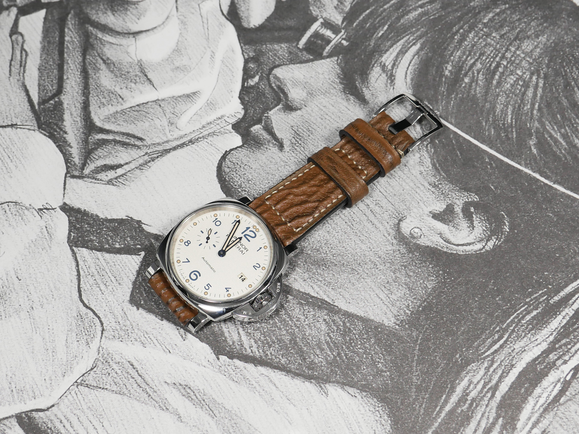 Brown shark strap enhancing Panerai DUE design