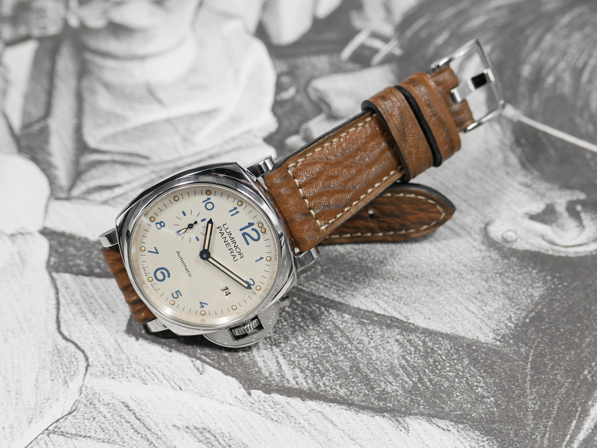 Panerai DUE brown shark strap watch close-up