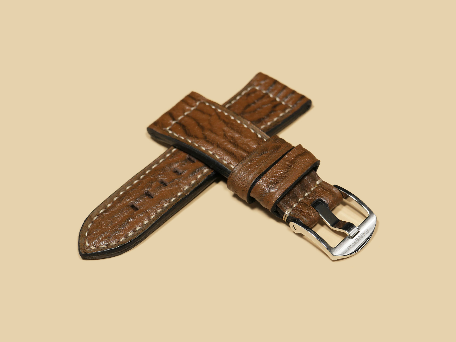 Panerai DUE watch featuring brown sharkskin strap