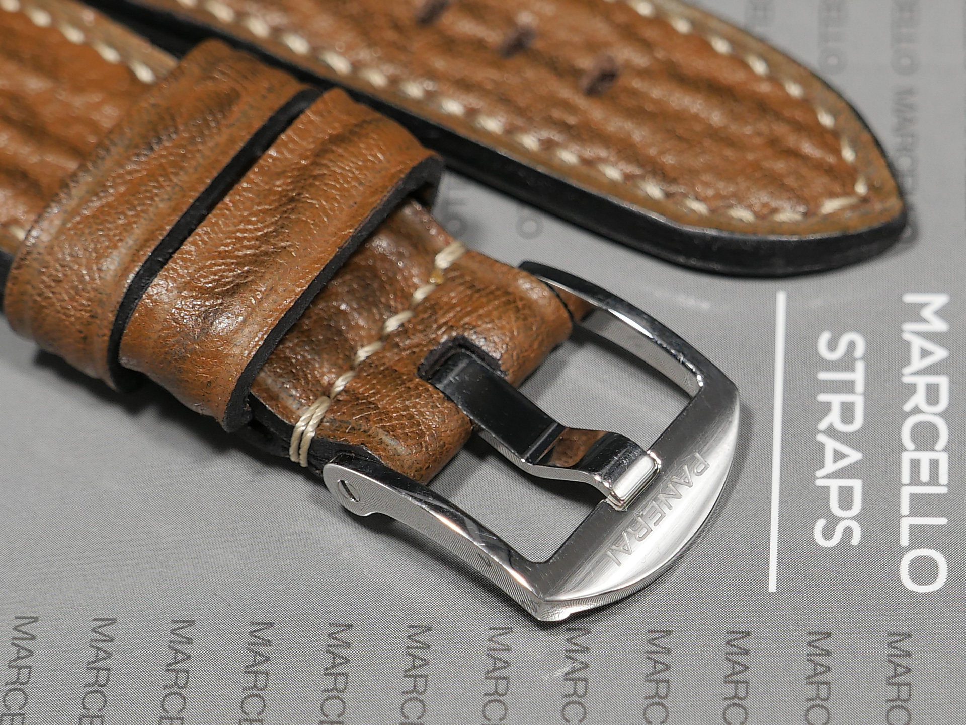 Detail shot of Panerai DUE brown shark strap texture