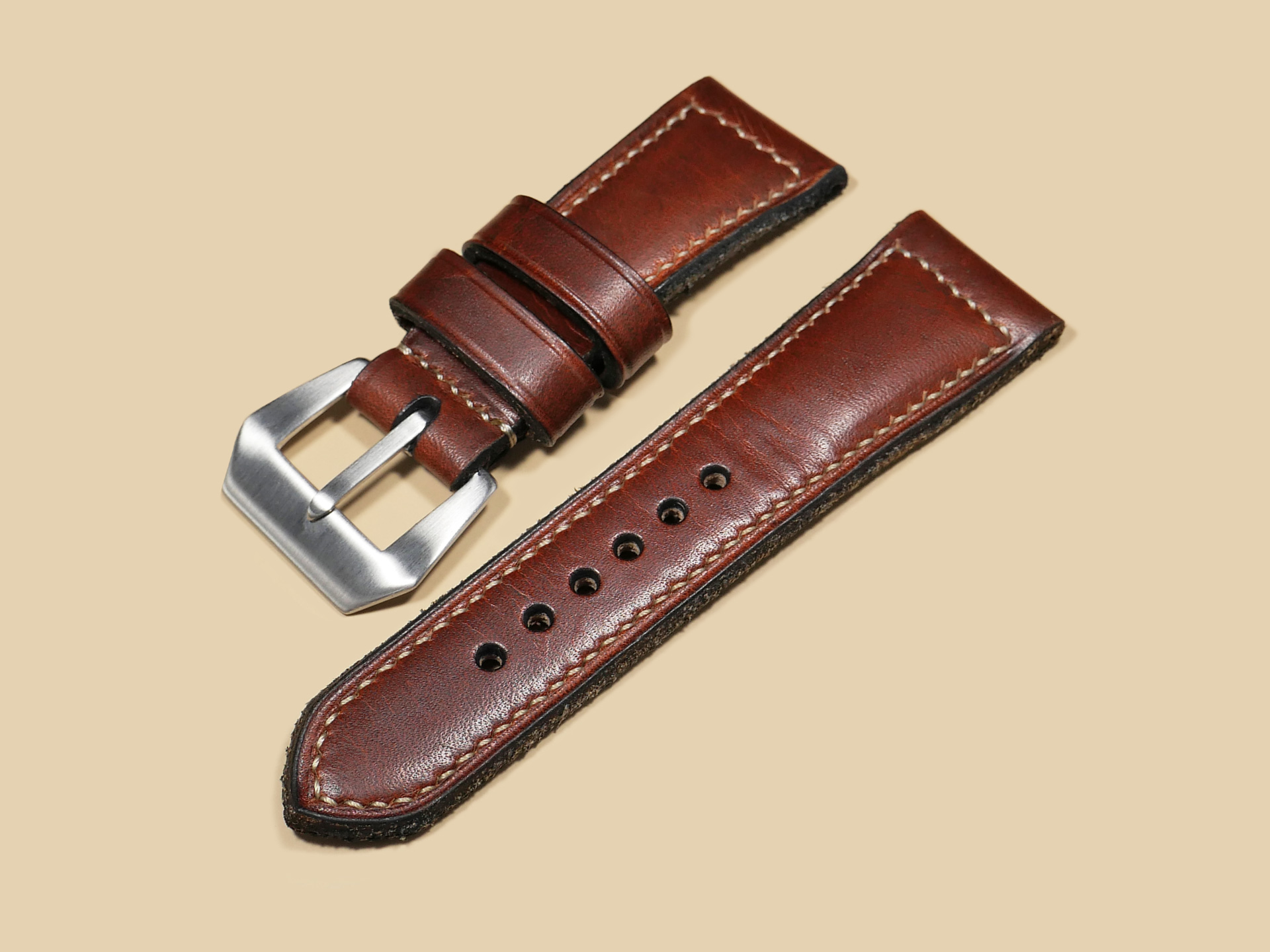 Handcrafted Radiomir watch strap in deep mahogany leather