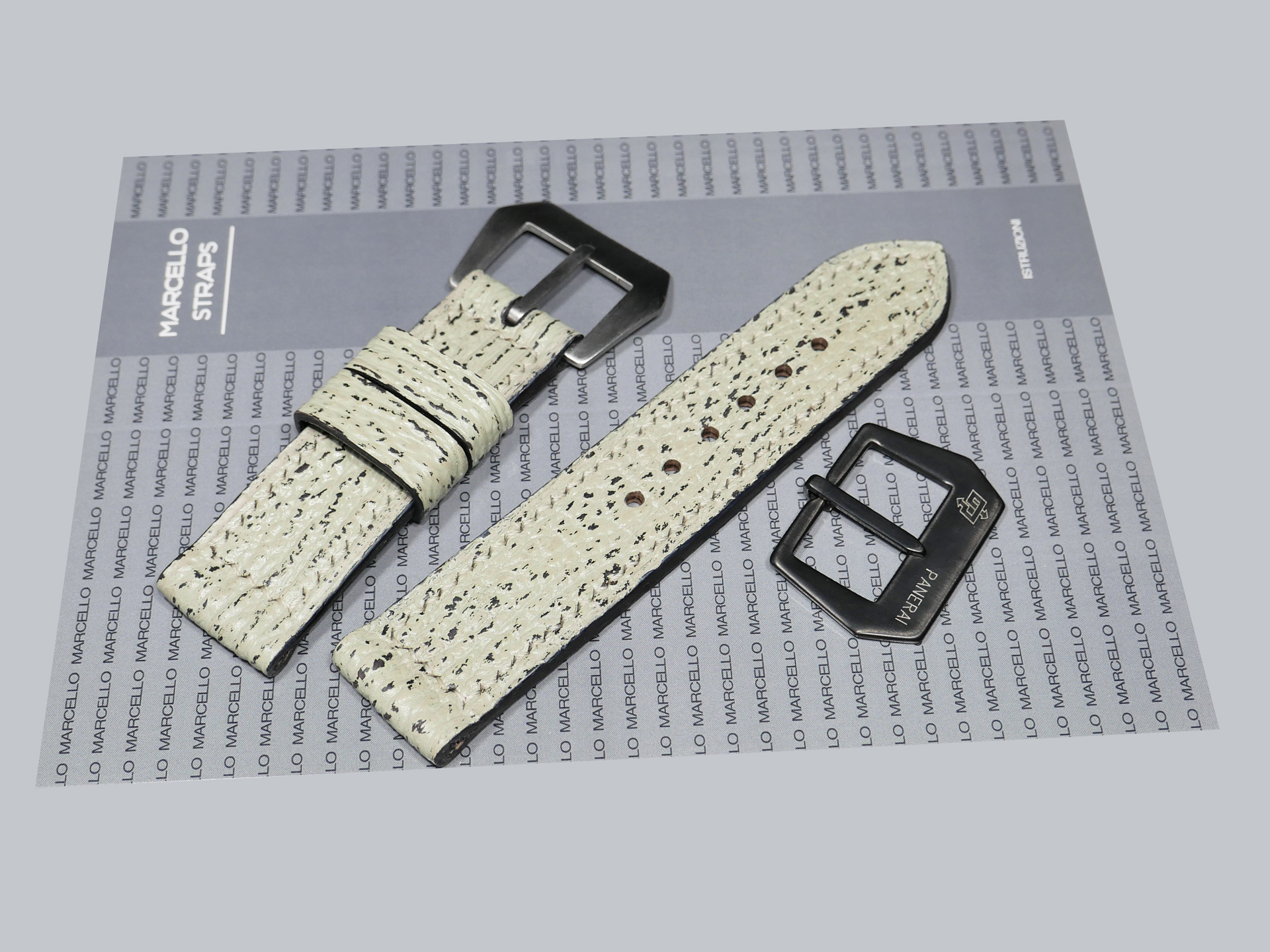 Close-up of stitching on mint grey shark skin Panerai strap