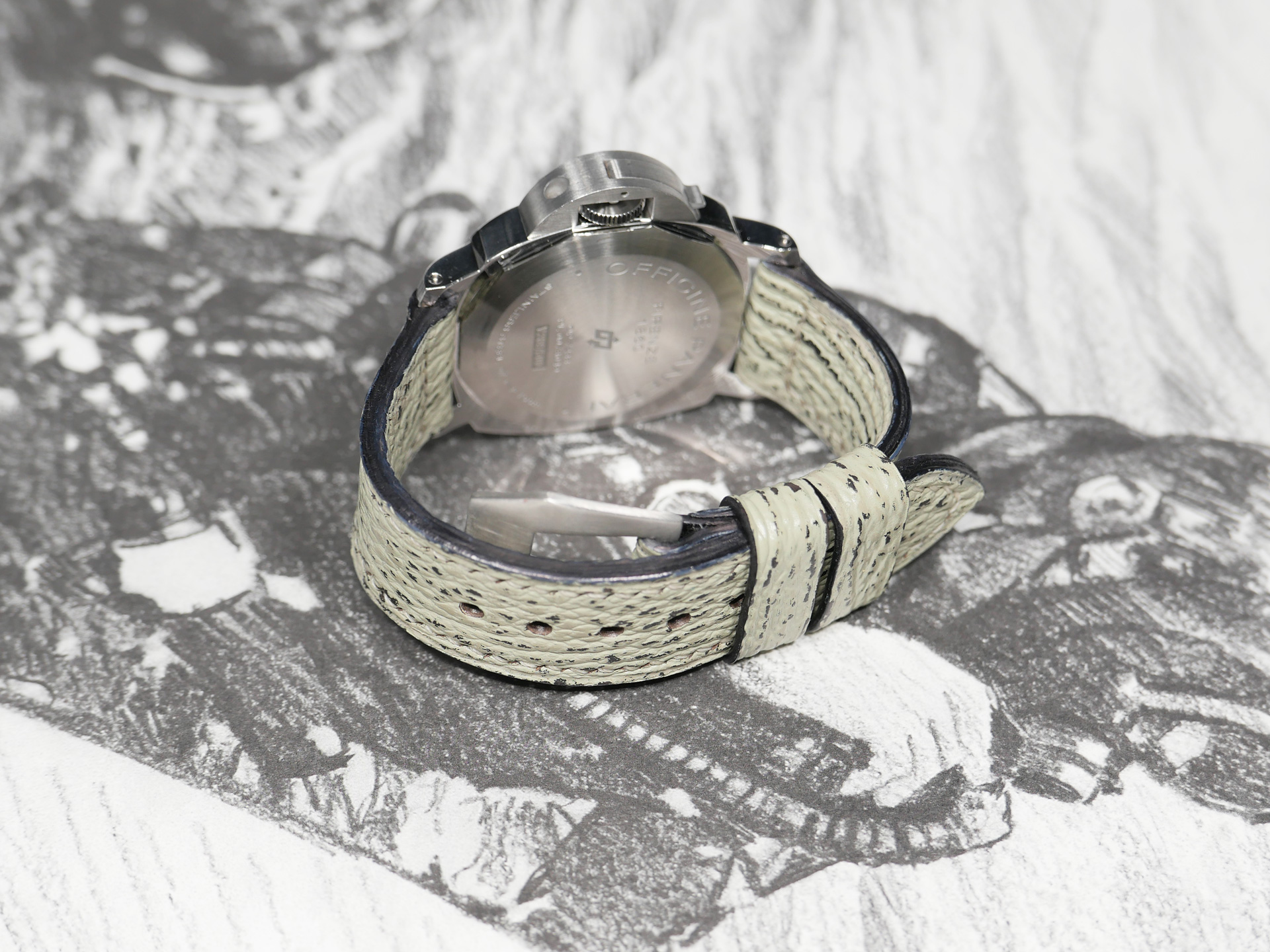 Detailed image of mint grey Panerai strap made from shark leather