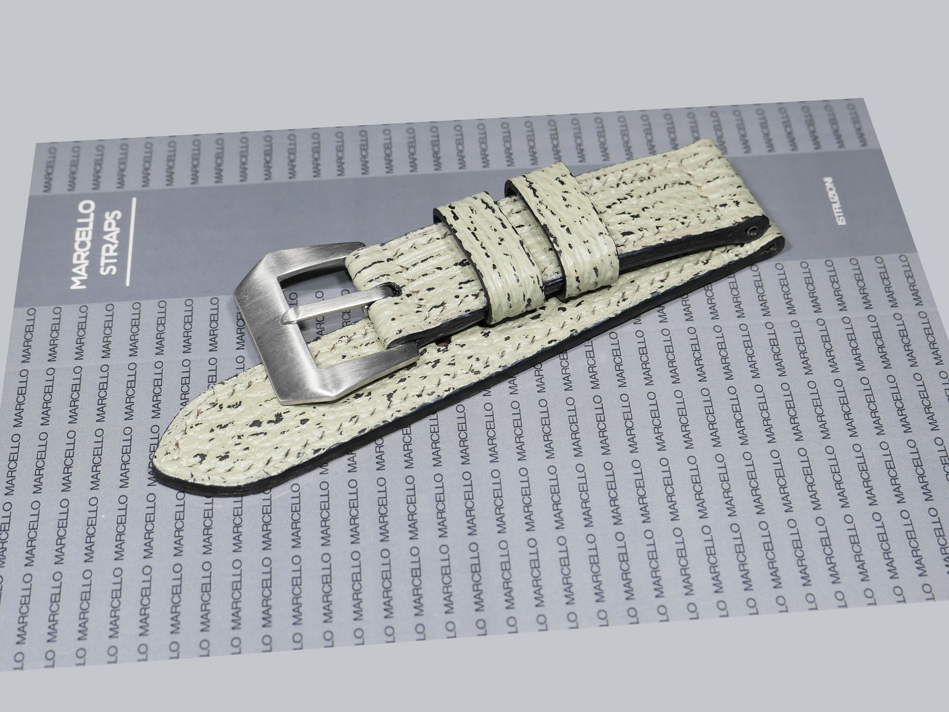Side view of mint grey shark skin Panerai watch strap