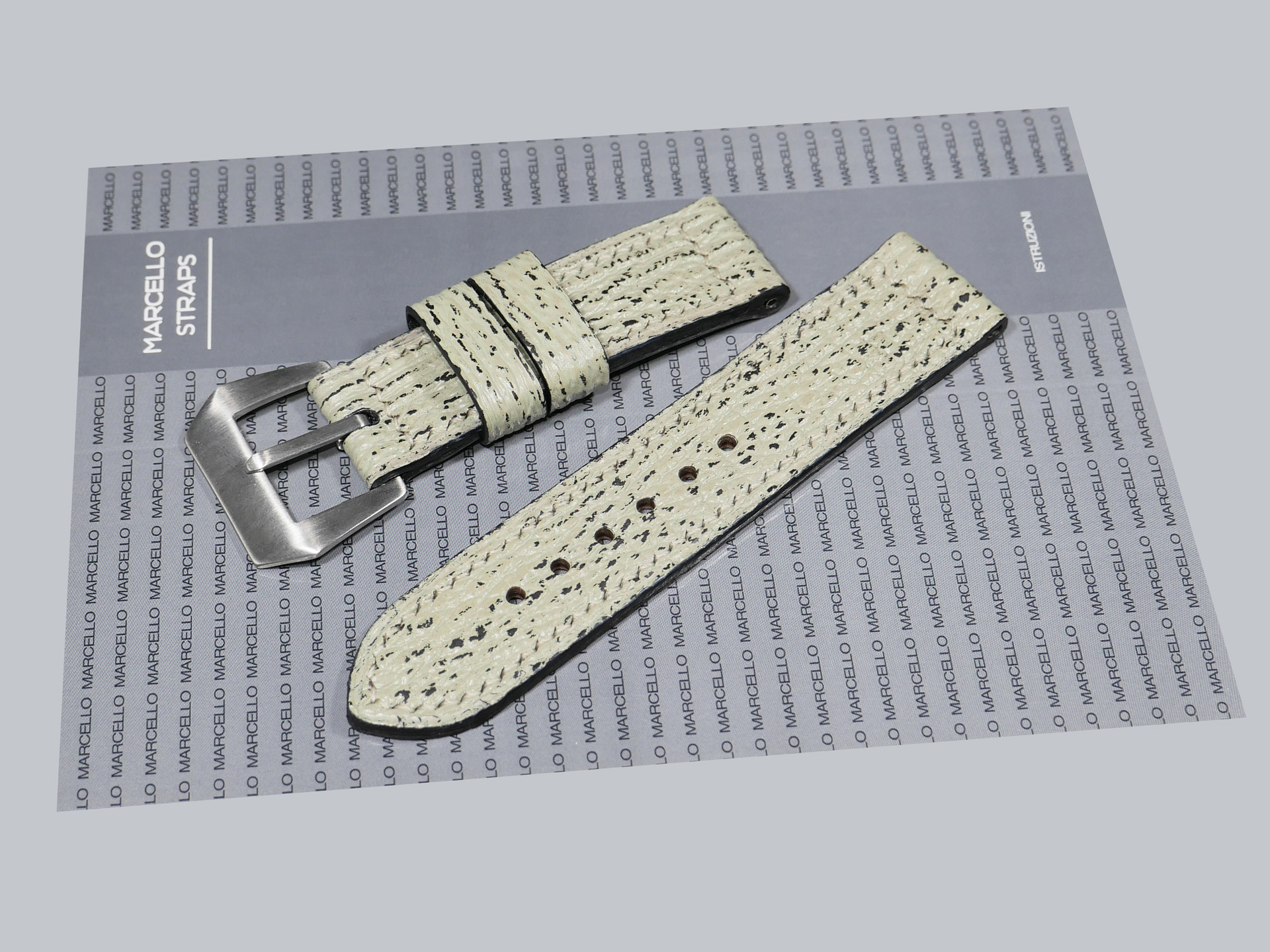 Mint grey shark skin strap on Panerai case with brushed buckle