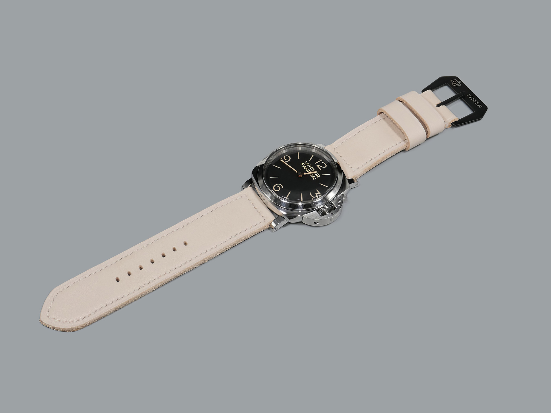 Vintage buckle on white leather Panerai watch strap