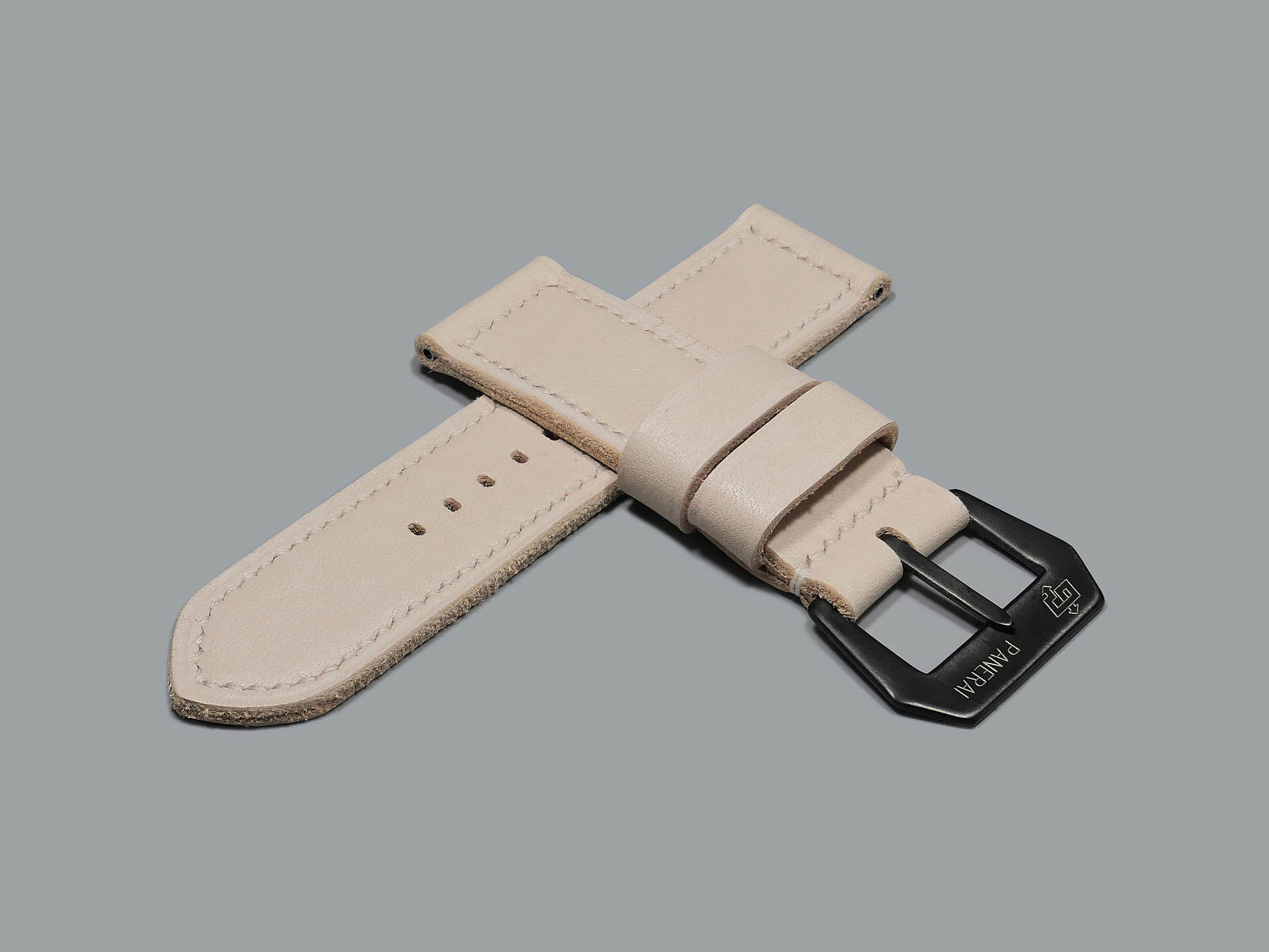 Top view of white leather watch strap on Panerai Luminor PAM00372