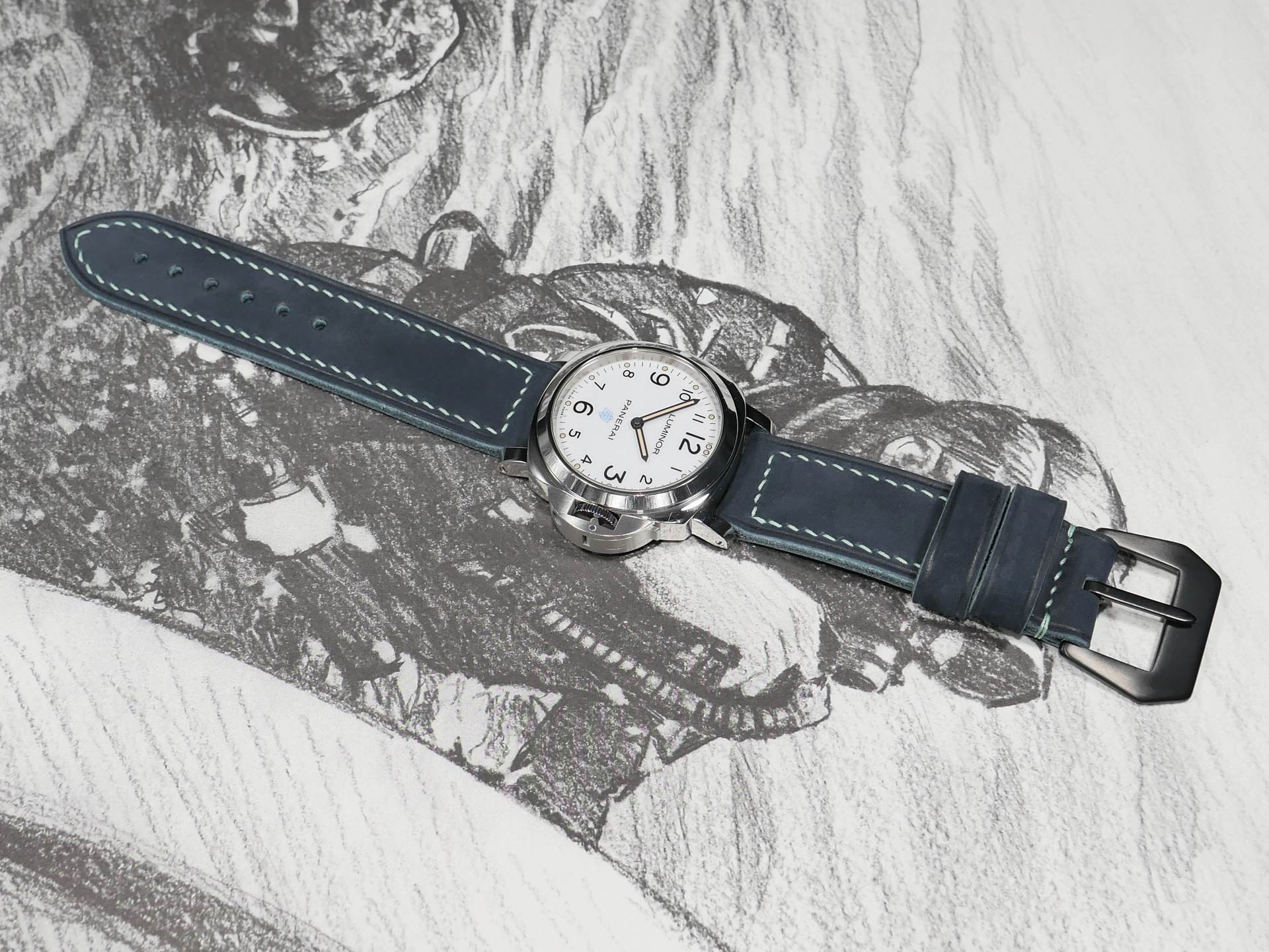 Watch with Suede Blue Panerai Strap Handmade by Marcello Straps side profile