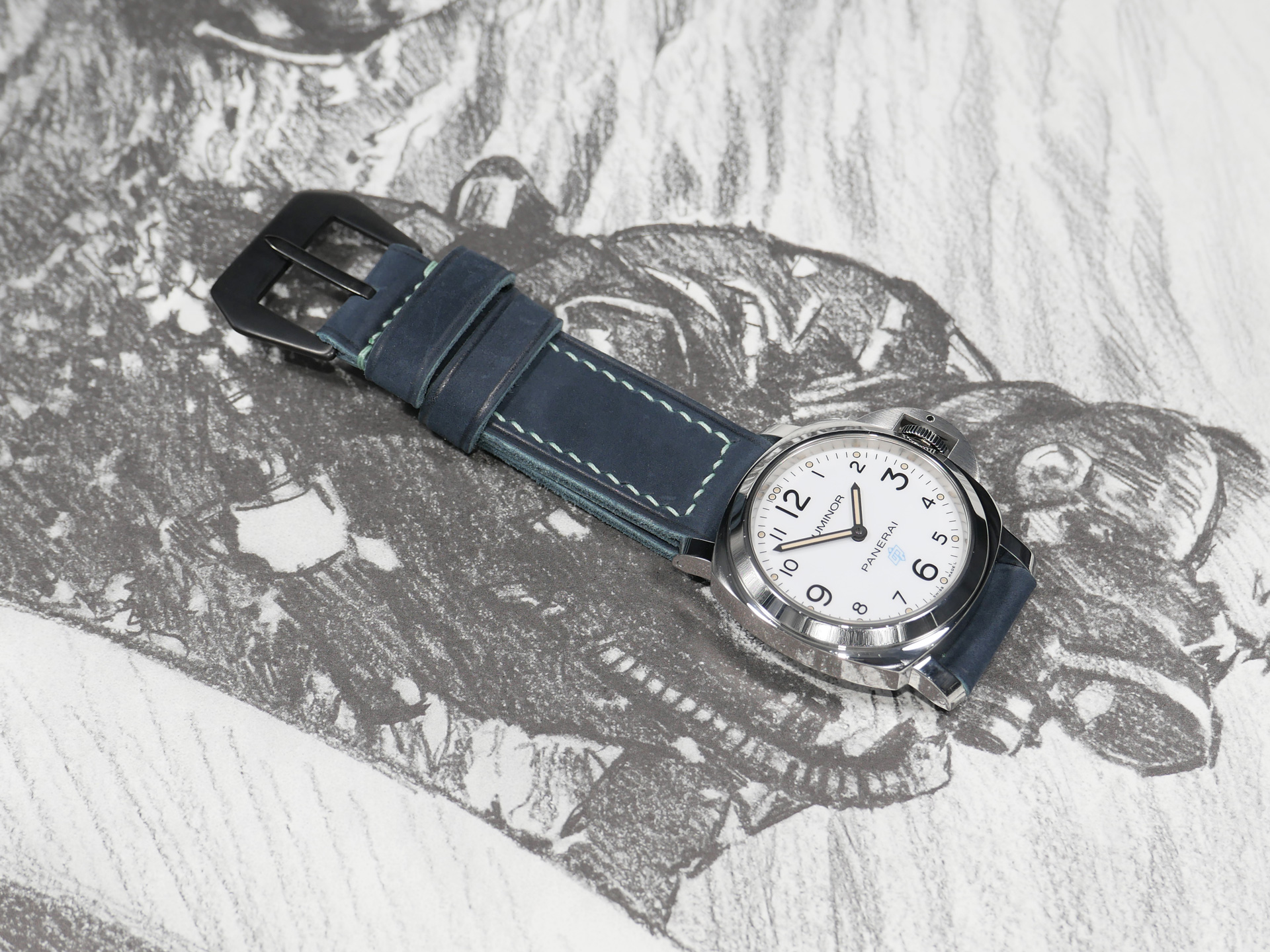 Installed Suede Blue Panerai Strap Handmade by Marcello Straps