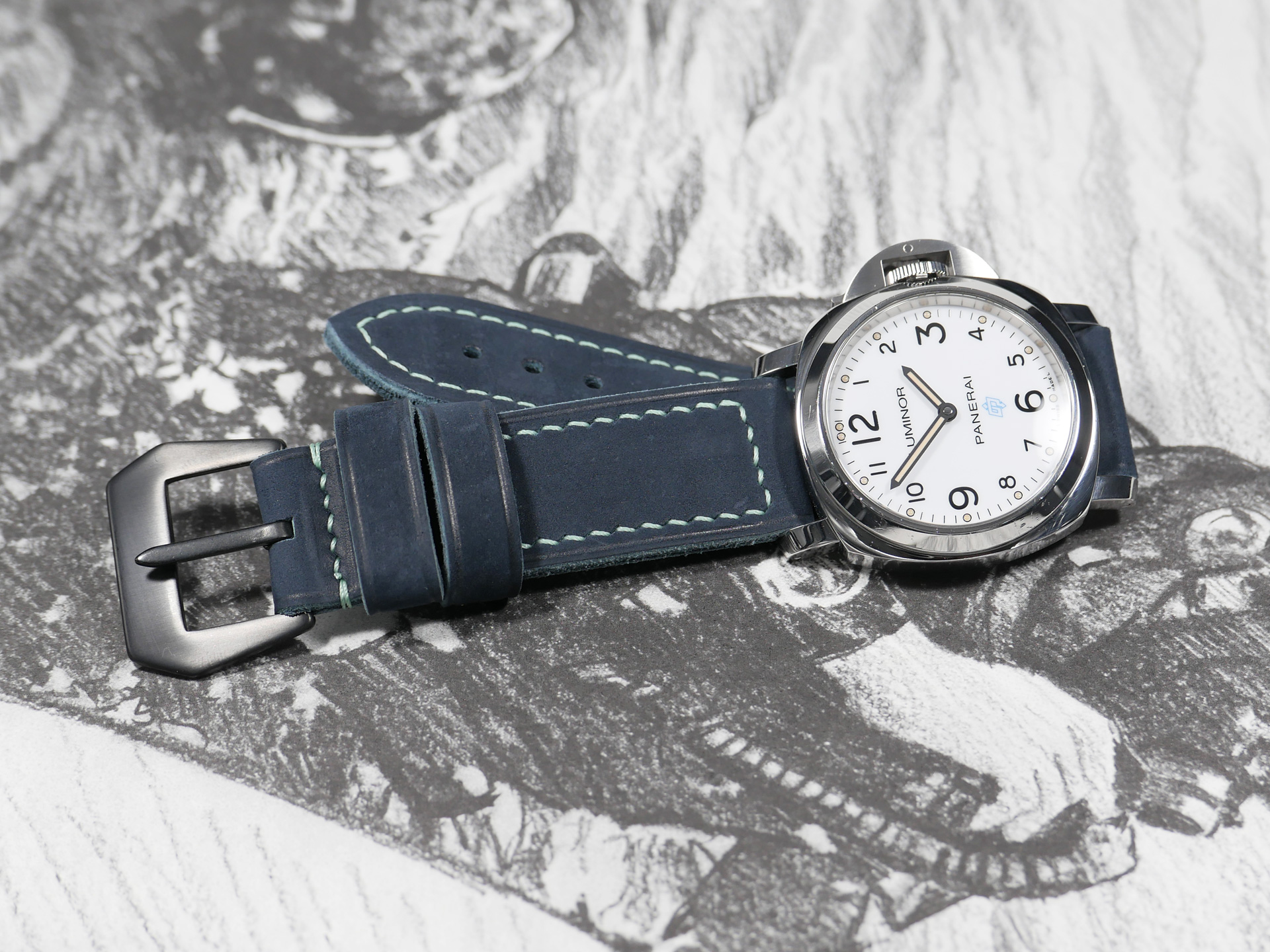 Suede Blue Panerai Strap Handmade by Marcello Straps with boxed stitching