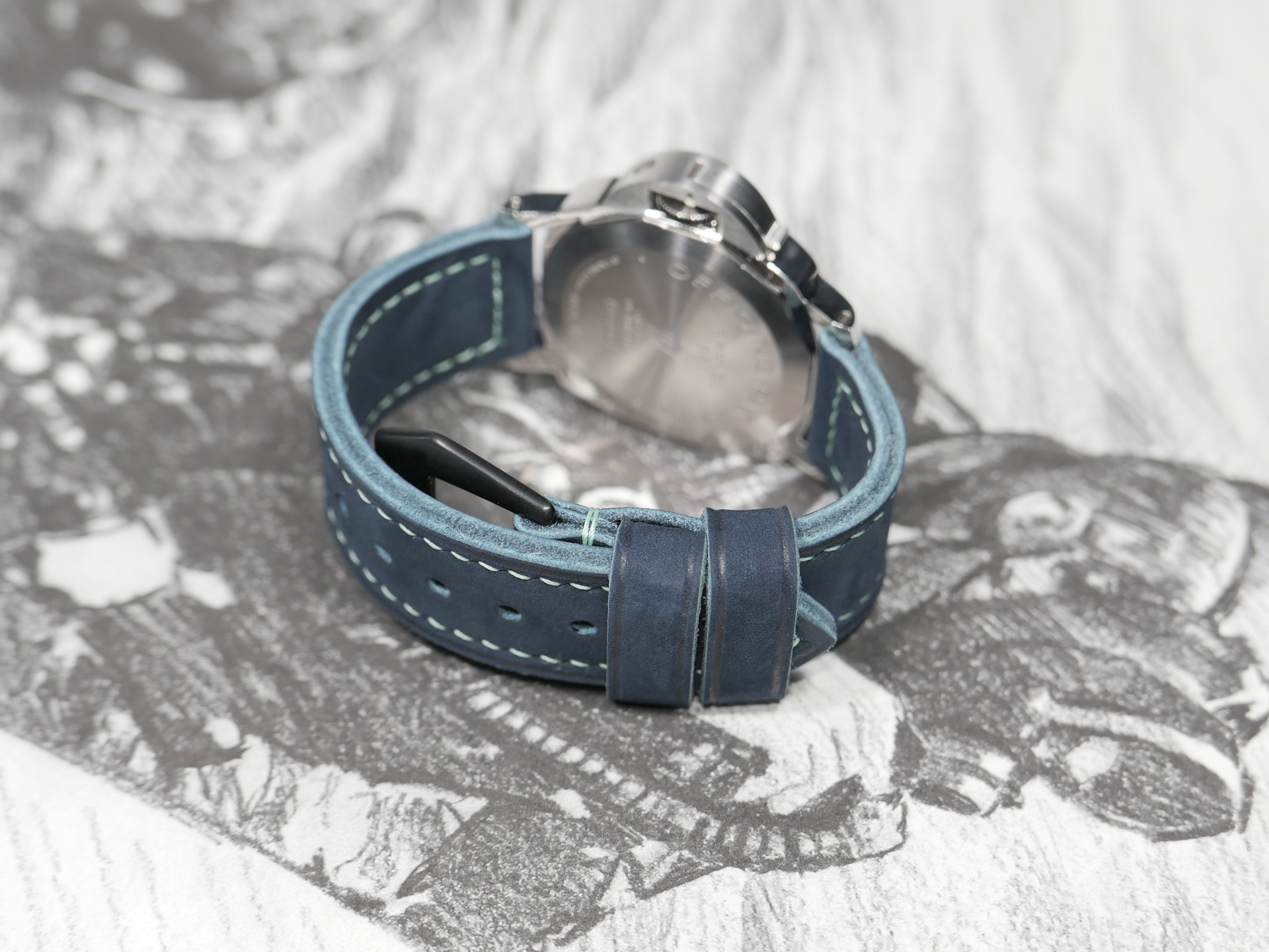 Shadowed shot of Suede Blue Panerai Strap Handmade by Marcello Straps