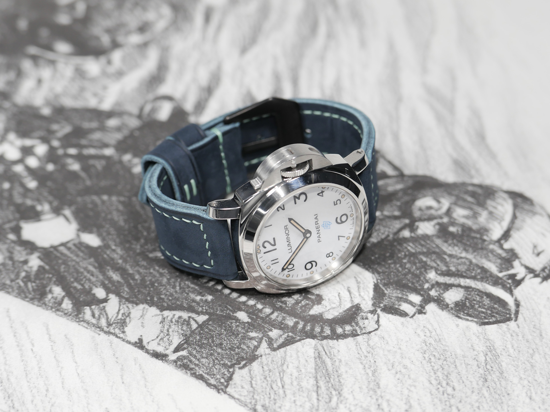 Blue stitching on Suede Blue Panerai Strap Handmade by Marcello Straps