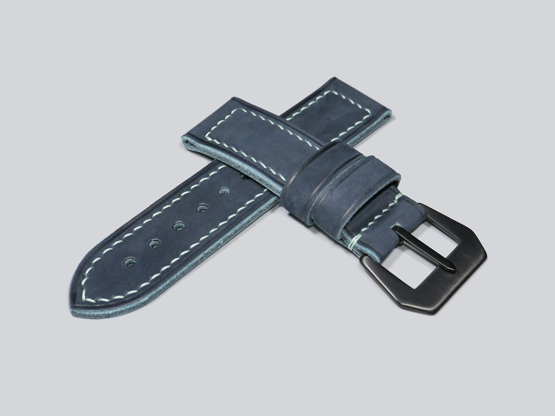 Suede Blue Panerai Strap Handmade by Marcello Straps showing stitching detail