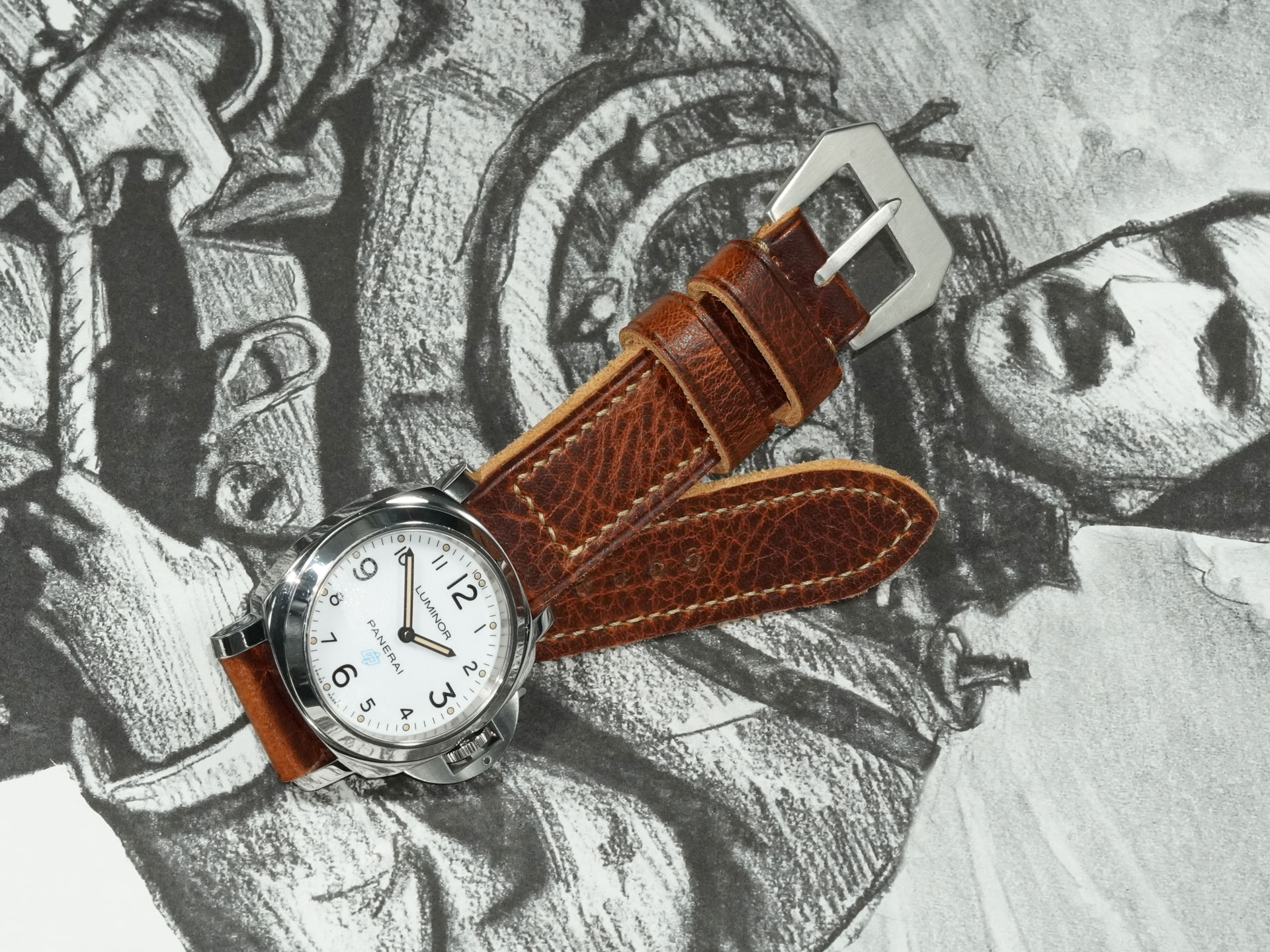 top view of thick brown Panerai strap 44mm on wrist