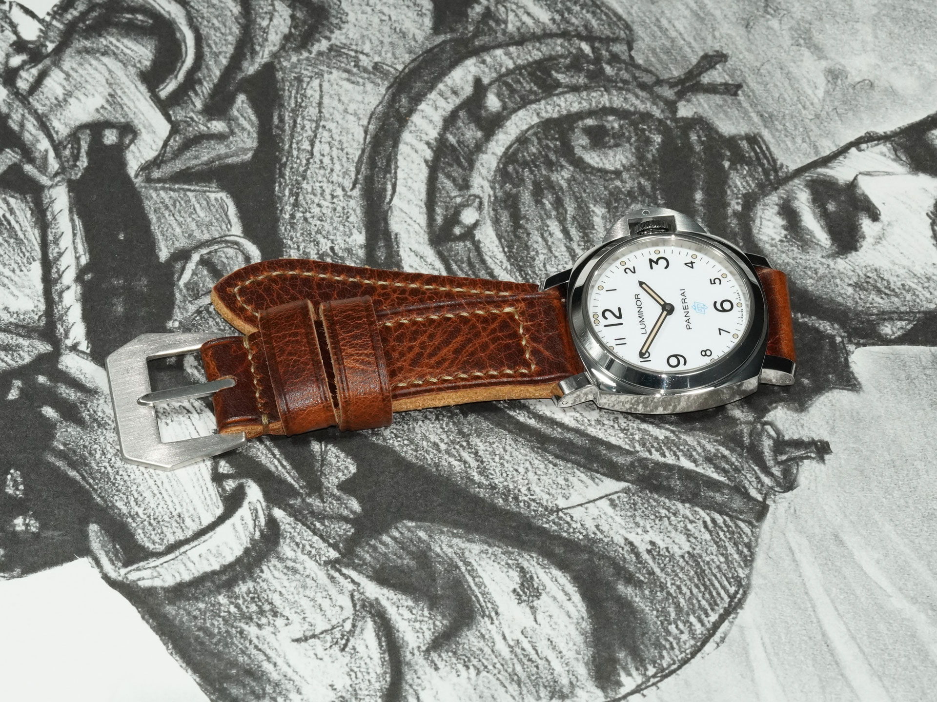 side profile thick brown Panerai strap 44mm showing thickness
