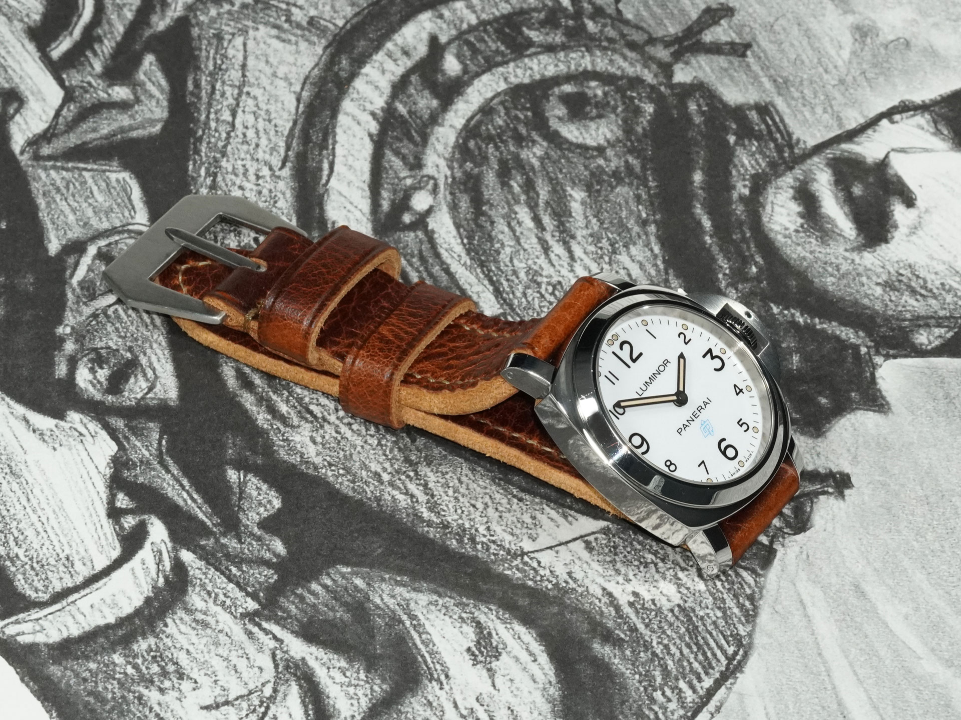 thick brown Panerai strap 44mm with hand-punched holes