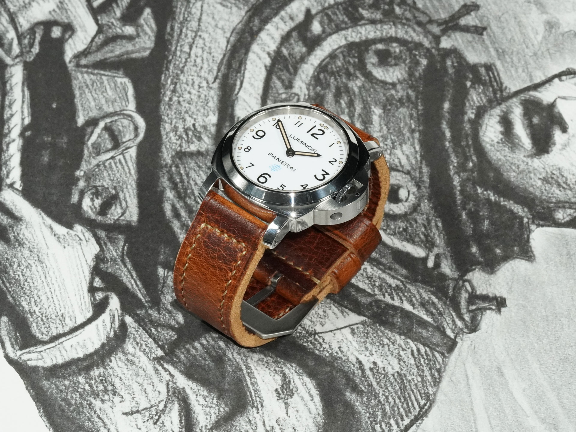 stitching detail on thick brown Panerai strap 44mm