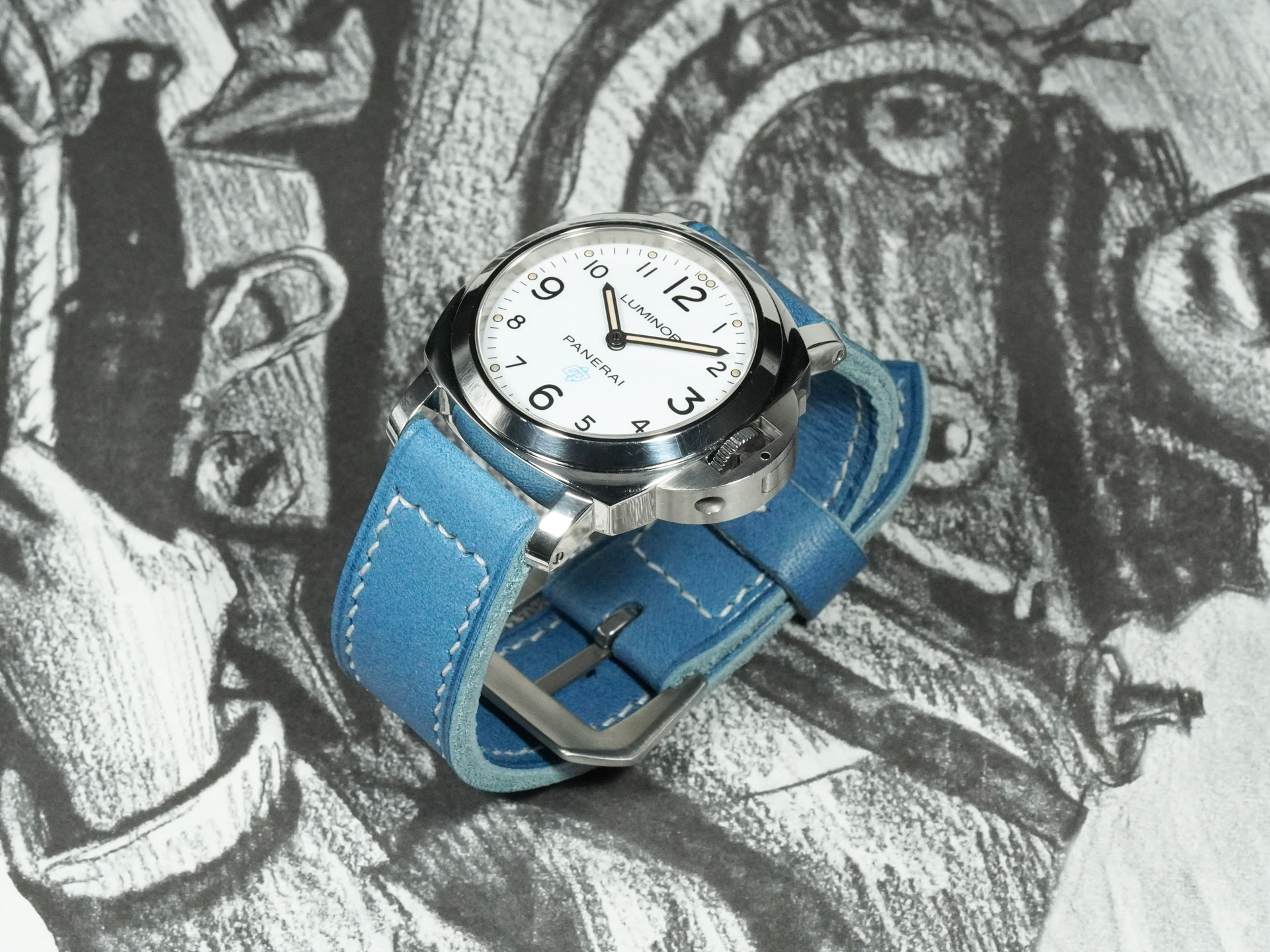 Custom blue Panerai strap crafted for authentic vintage proportions