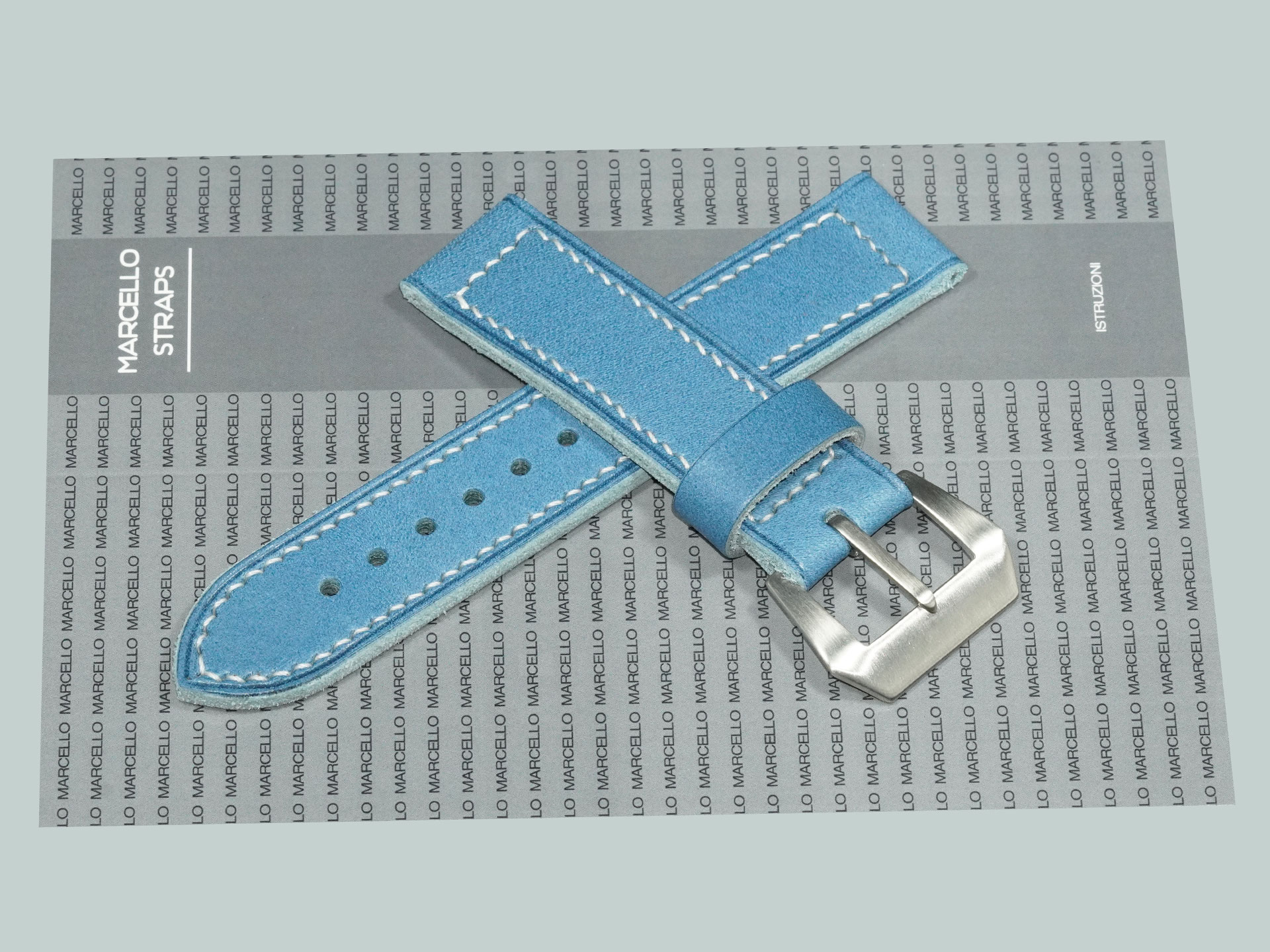 Blue Panerai strap showing natural leather grain and supple finish