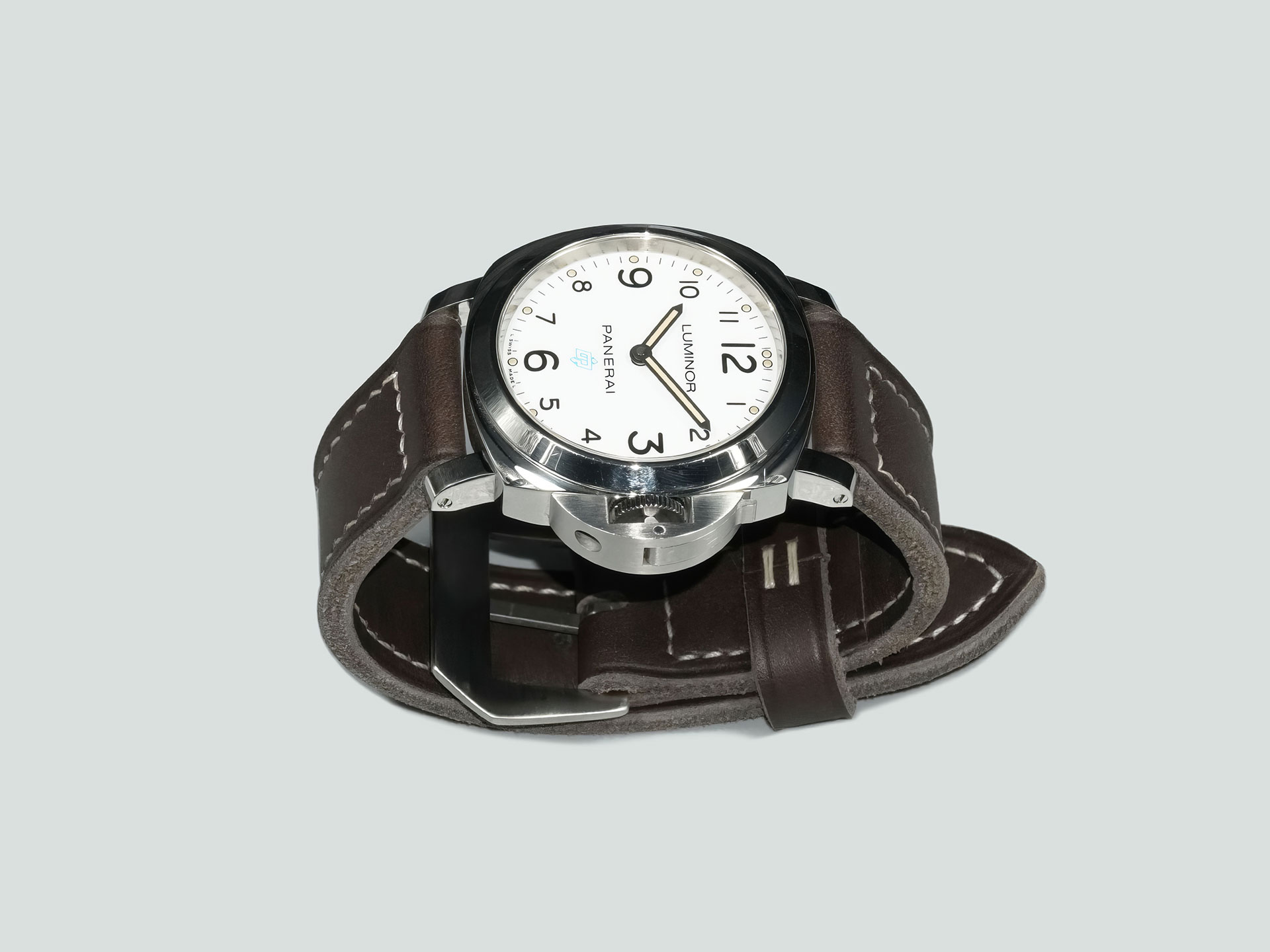 Flat lay photo of Black Pre-V Panerai Strap highlighting cream stitching