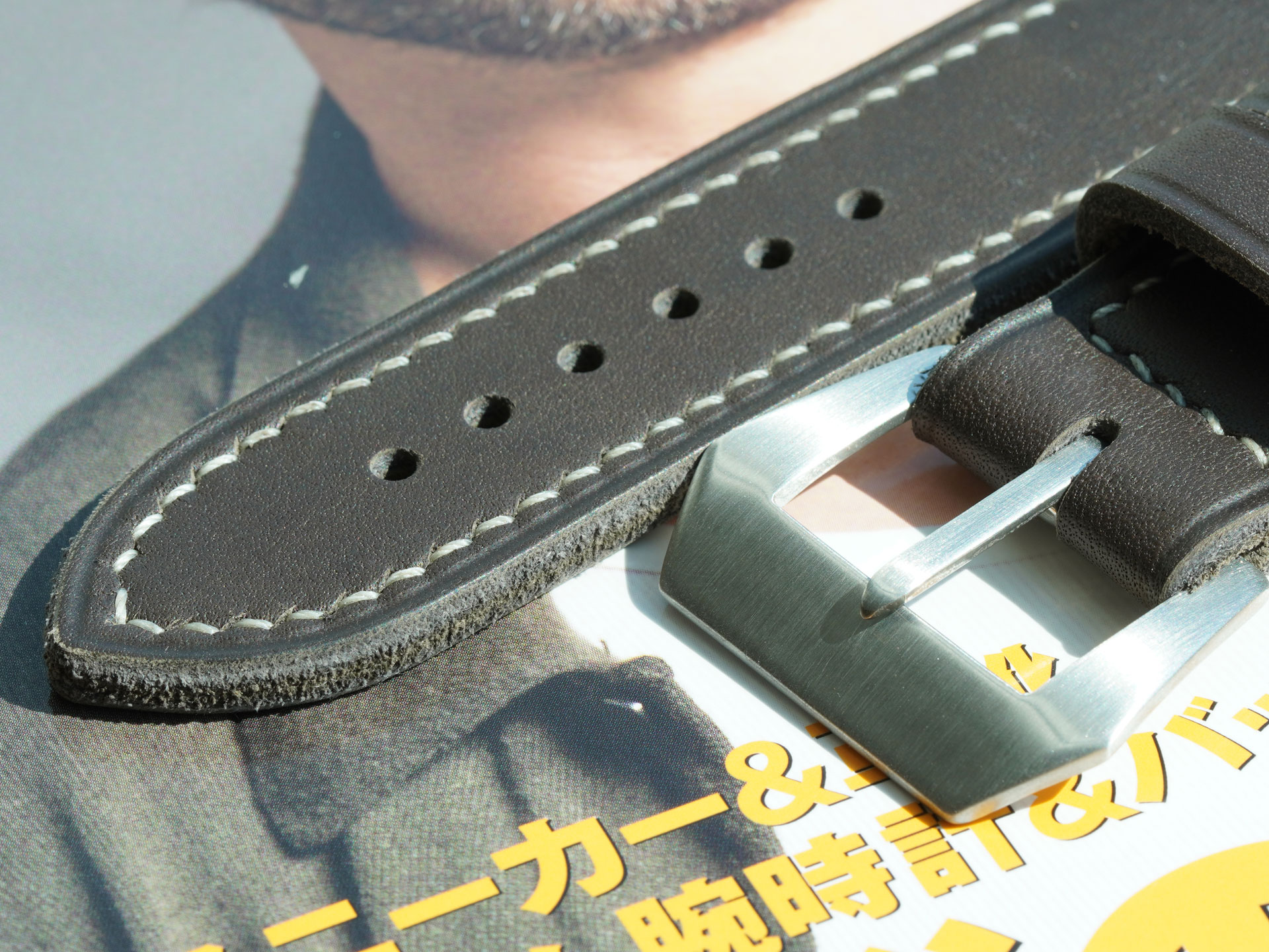 Matte leather grain close-up on Black Pre-V Panerai Strap