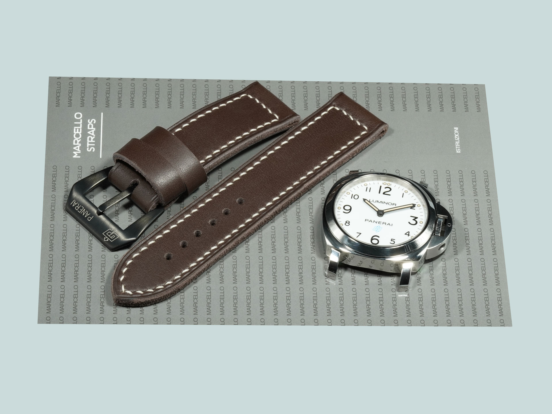 Oil-tanned Dark Grey Panerai strap with black buckle detail shot