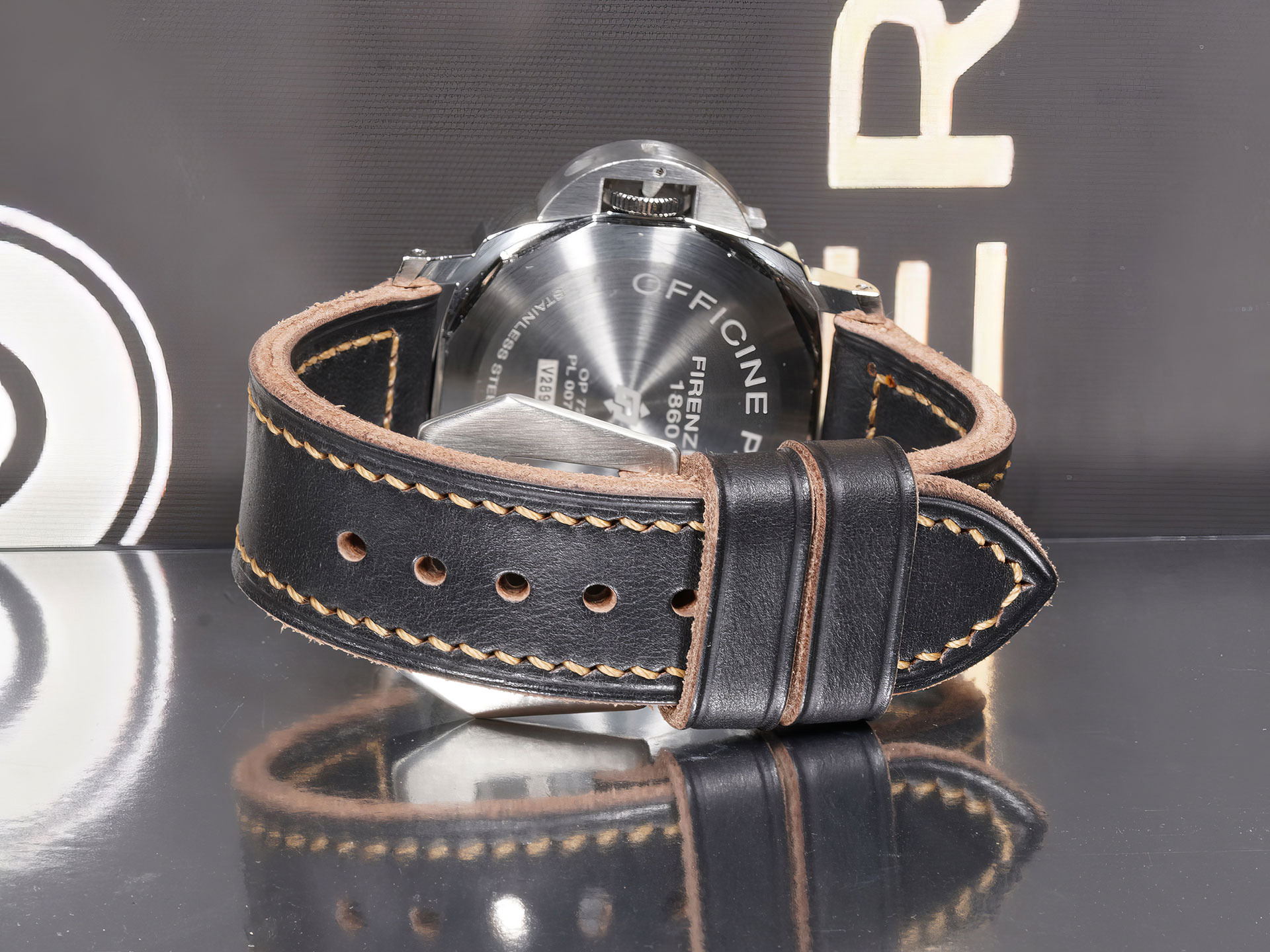 Side-view of Thick Black Panerai Strap 44mm Handmade showing 4.5 mm thickness and beige stitching
