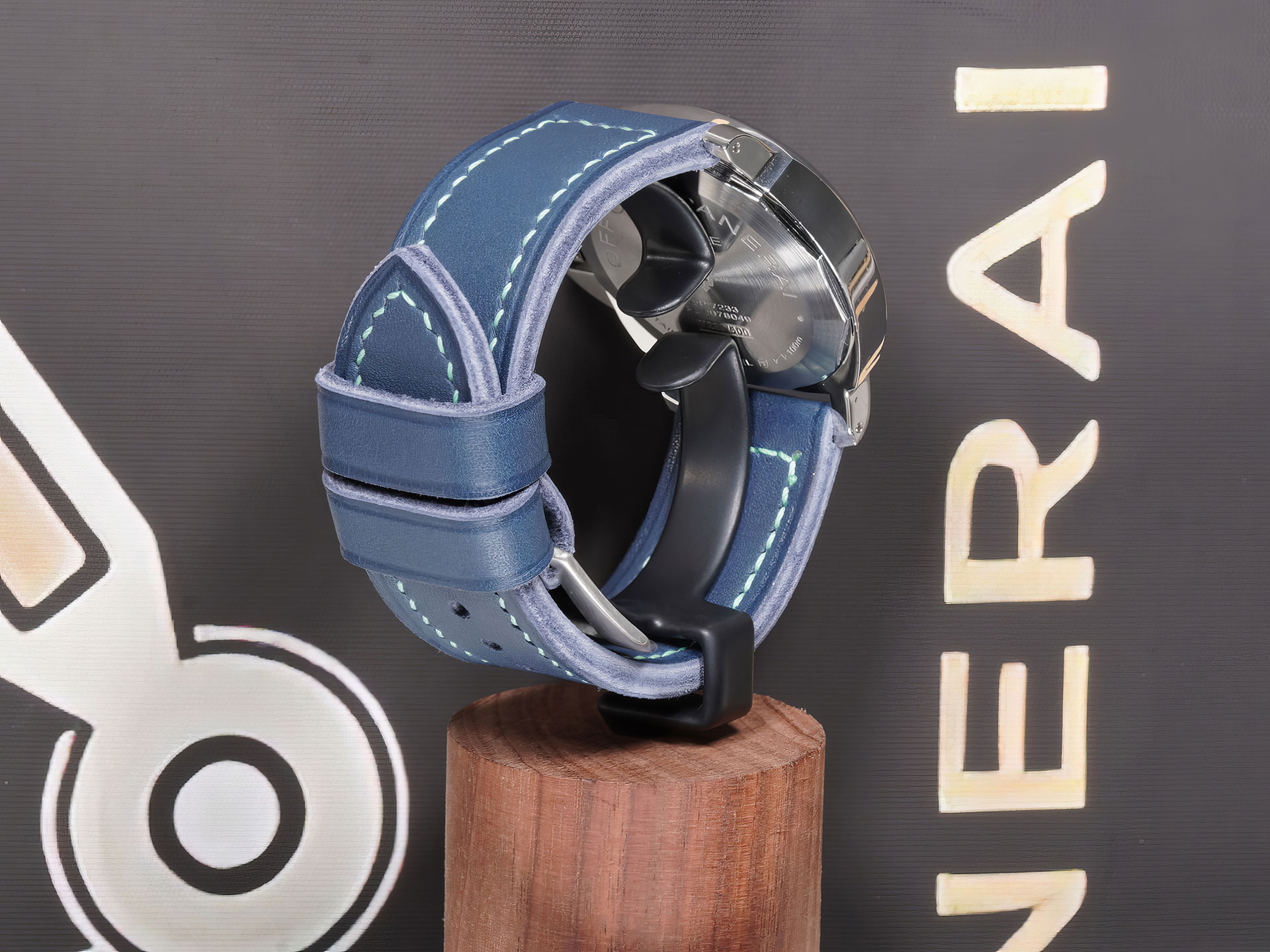 Handmade blue Panerai strap with Pre-V buckle for 44 mm case