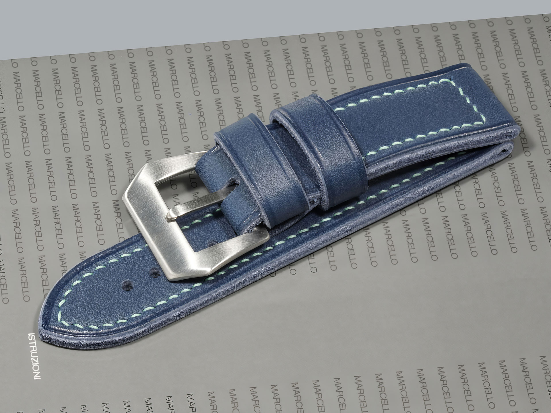 Blue Panerai strap 24 mm wide and 4.3 mm thick in natural light