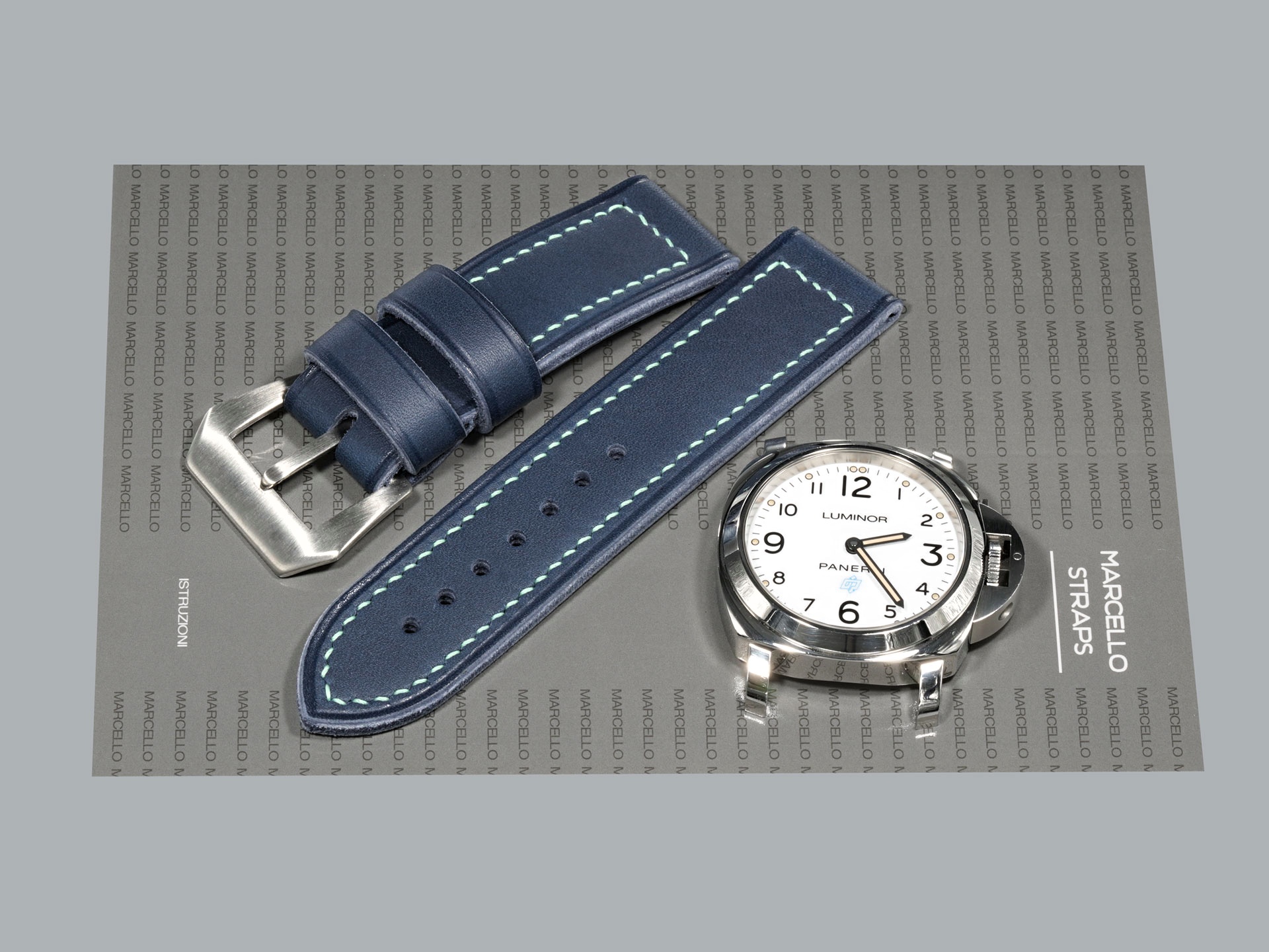 Blue Panerai strap crafted from medium-soft leather with semi-matte texture