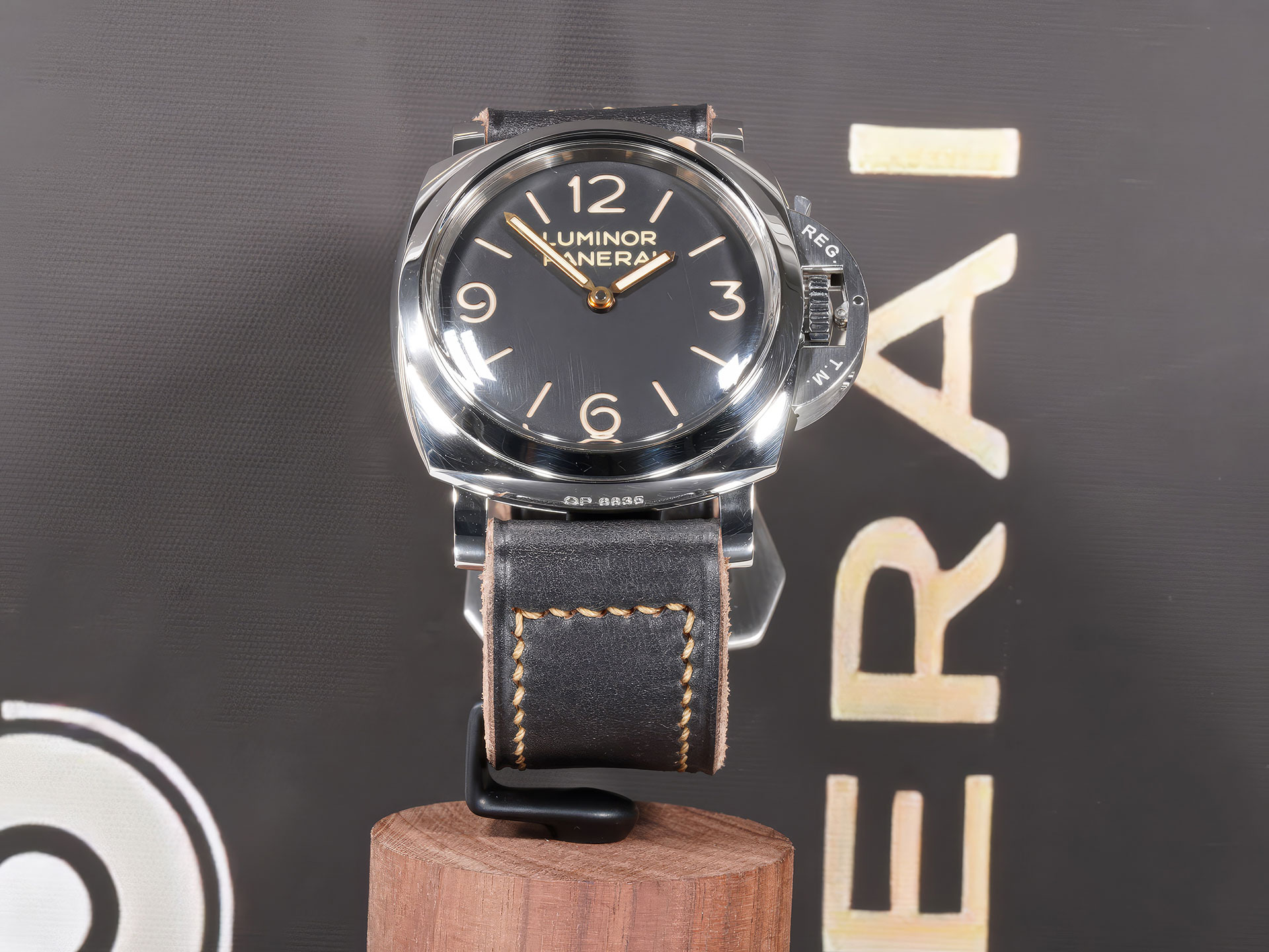 Side-view of Thick Black Panerai Strap 47mm Handmade showing 4.8 mm thickness and beige stitching