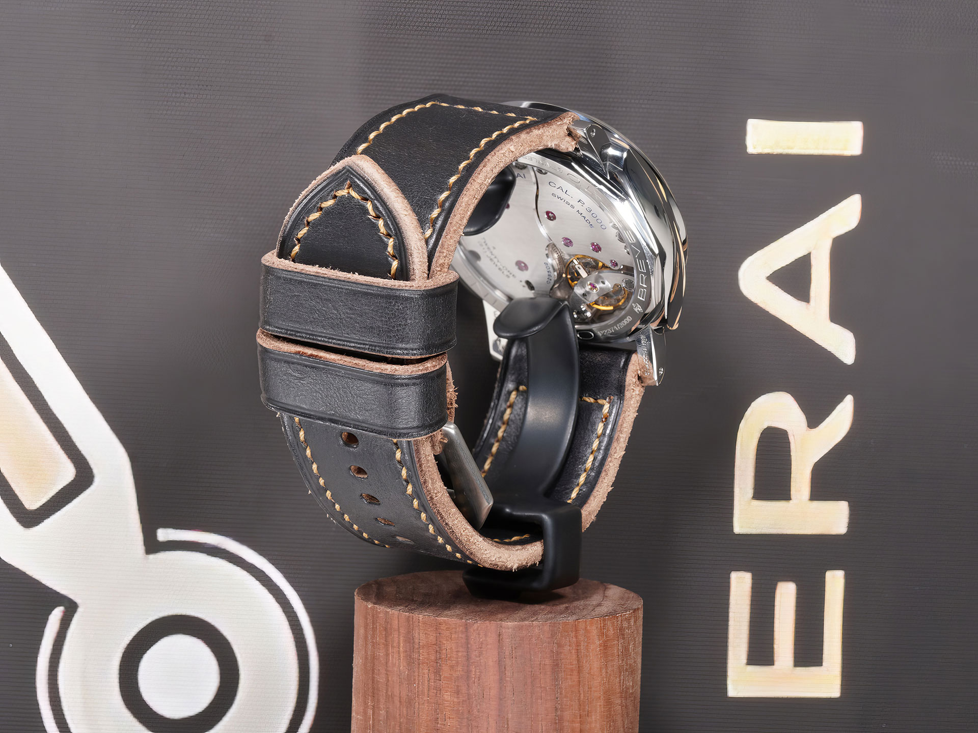 Close-up of Thick Black Panerai Strap 47mm Handmade mounted on Luminor 47 mm case under studio lighting