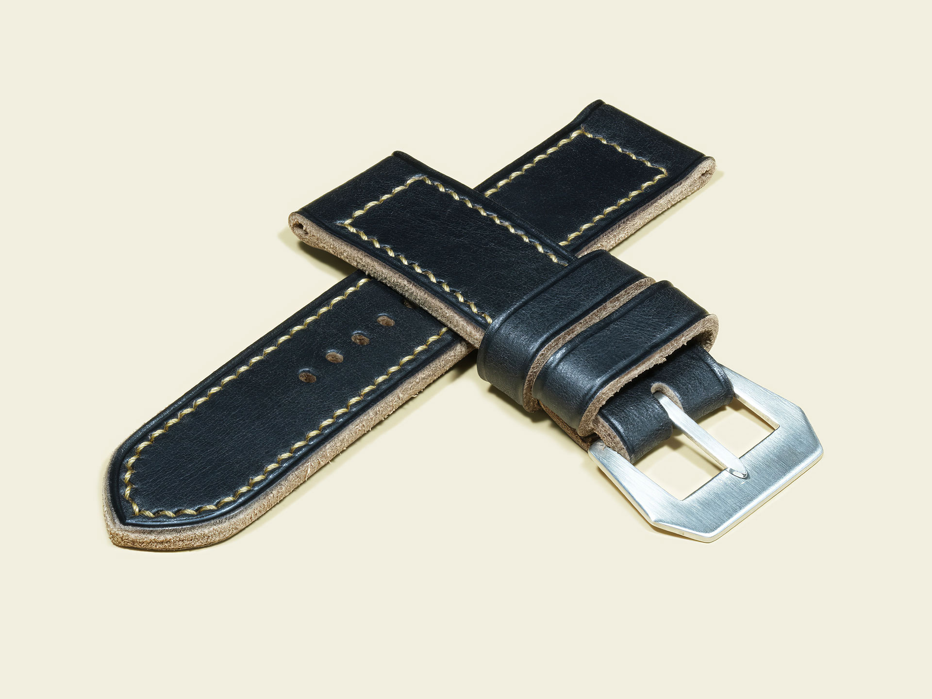 Handmade black Luminor 47mm strap with beige box stitching