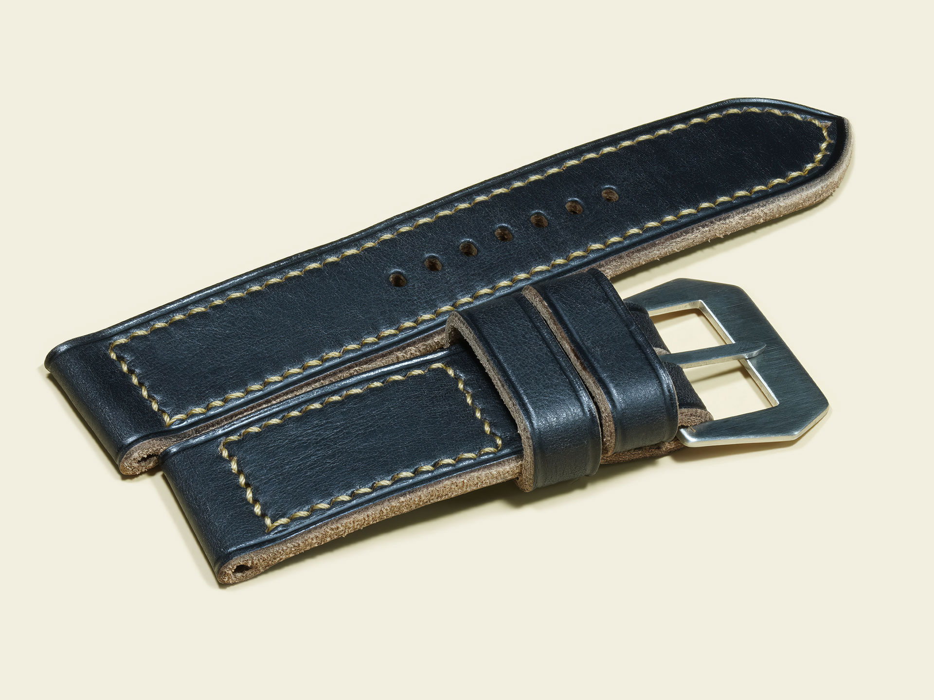Bespoke Serious Black Panerai strap with vintage curved pin buckle