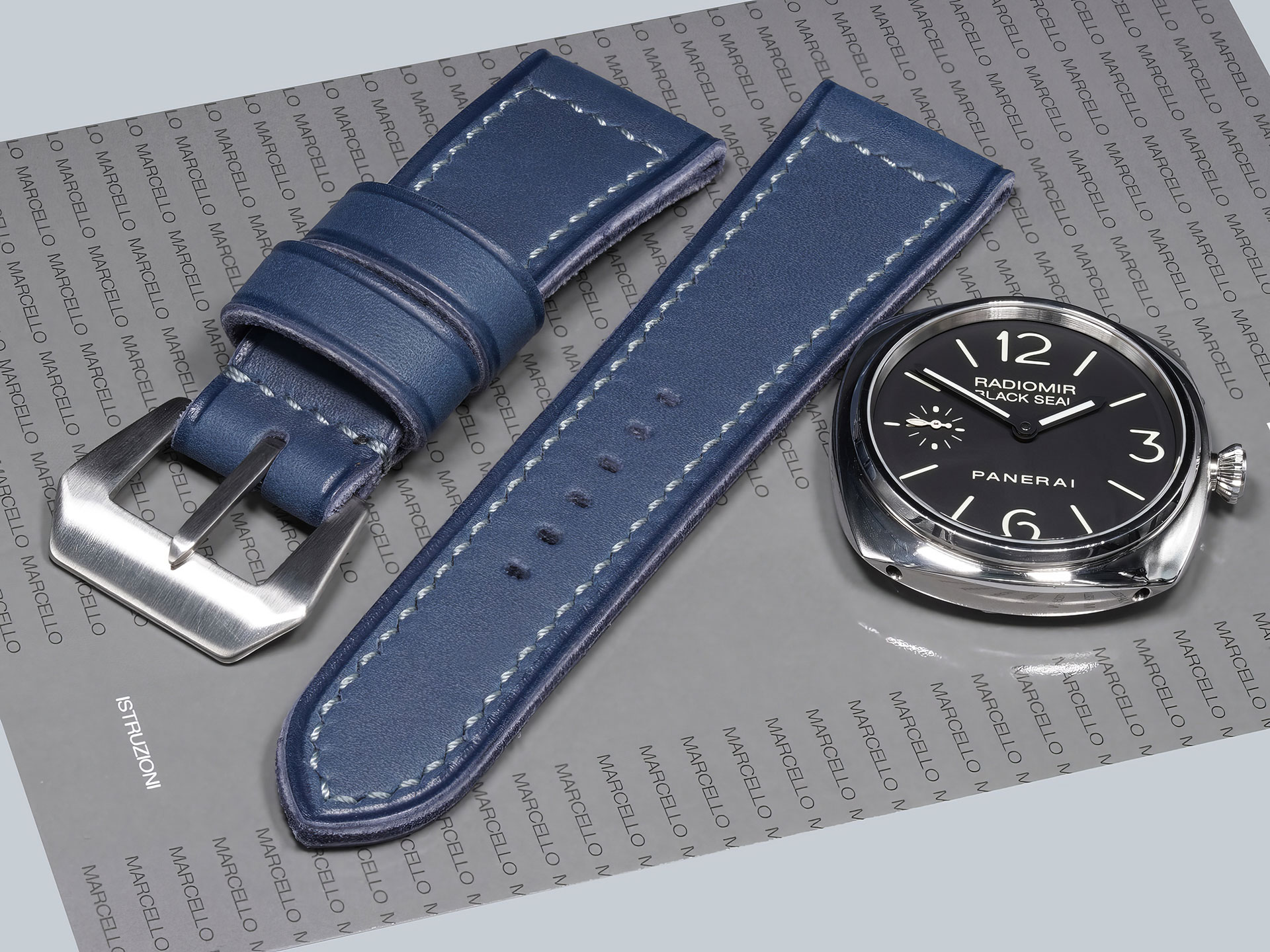 PAM00183 thick blue leather strap detail