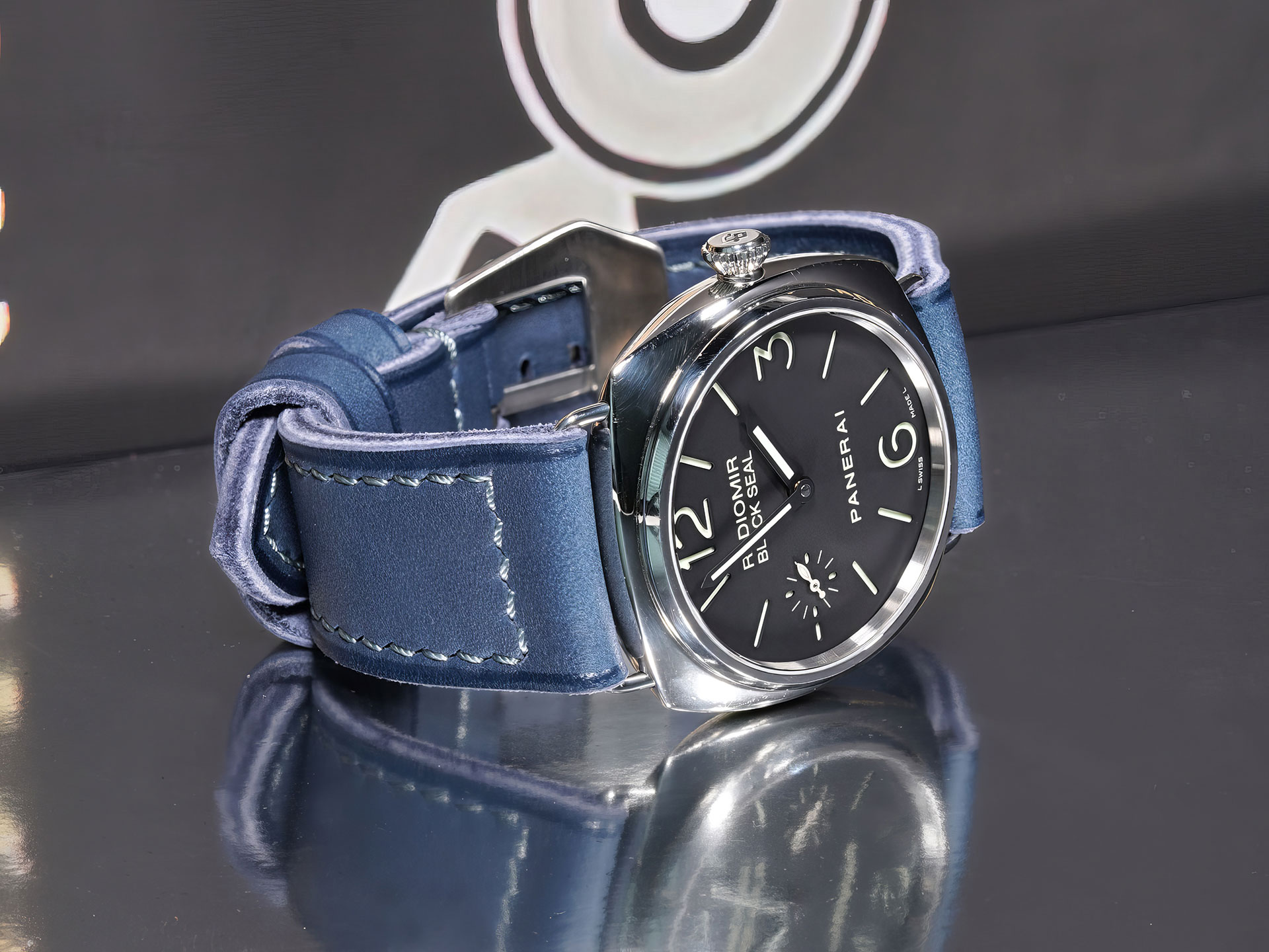 artisan-made blue Radiomir strap for Panerai Black Seal