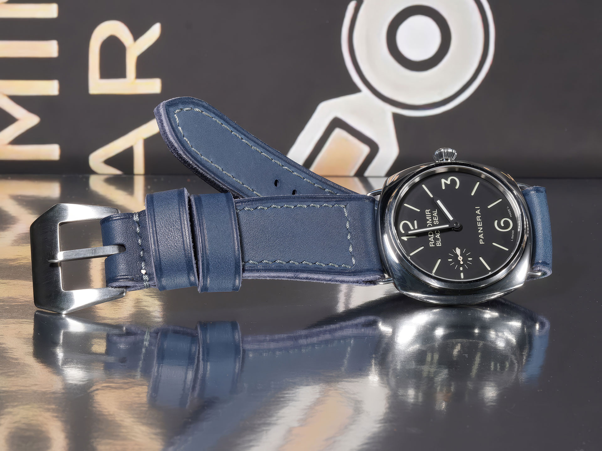 close-up of handcrafted blue Panerai Radiomir strap on PAM00183